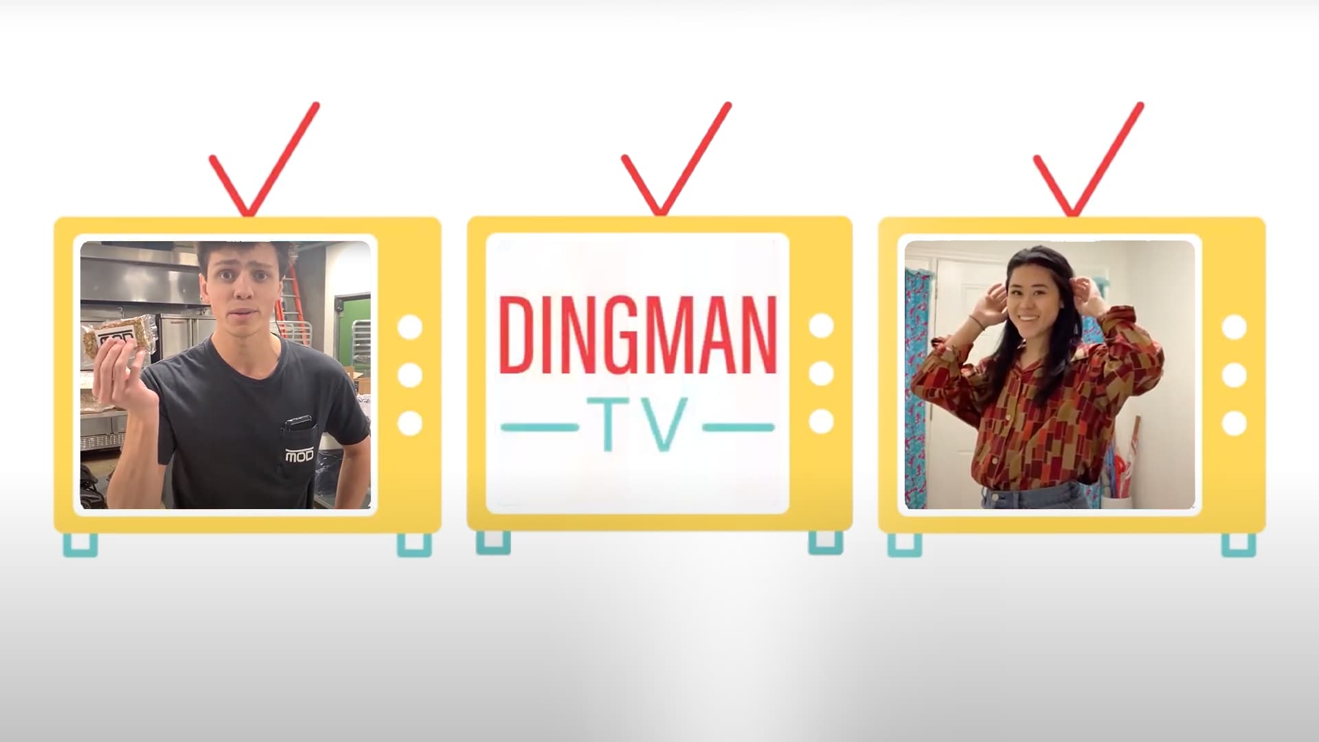 Three yellow TV sets, two showing infomercials and one with the Dingman TV logo
