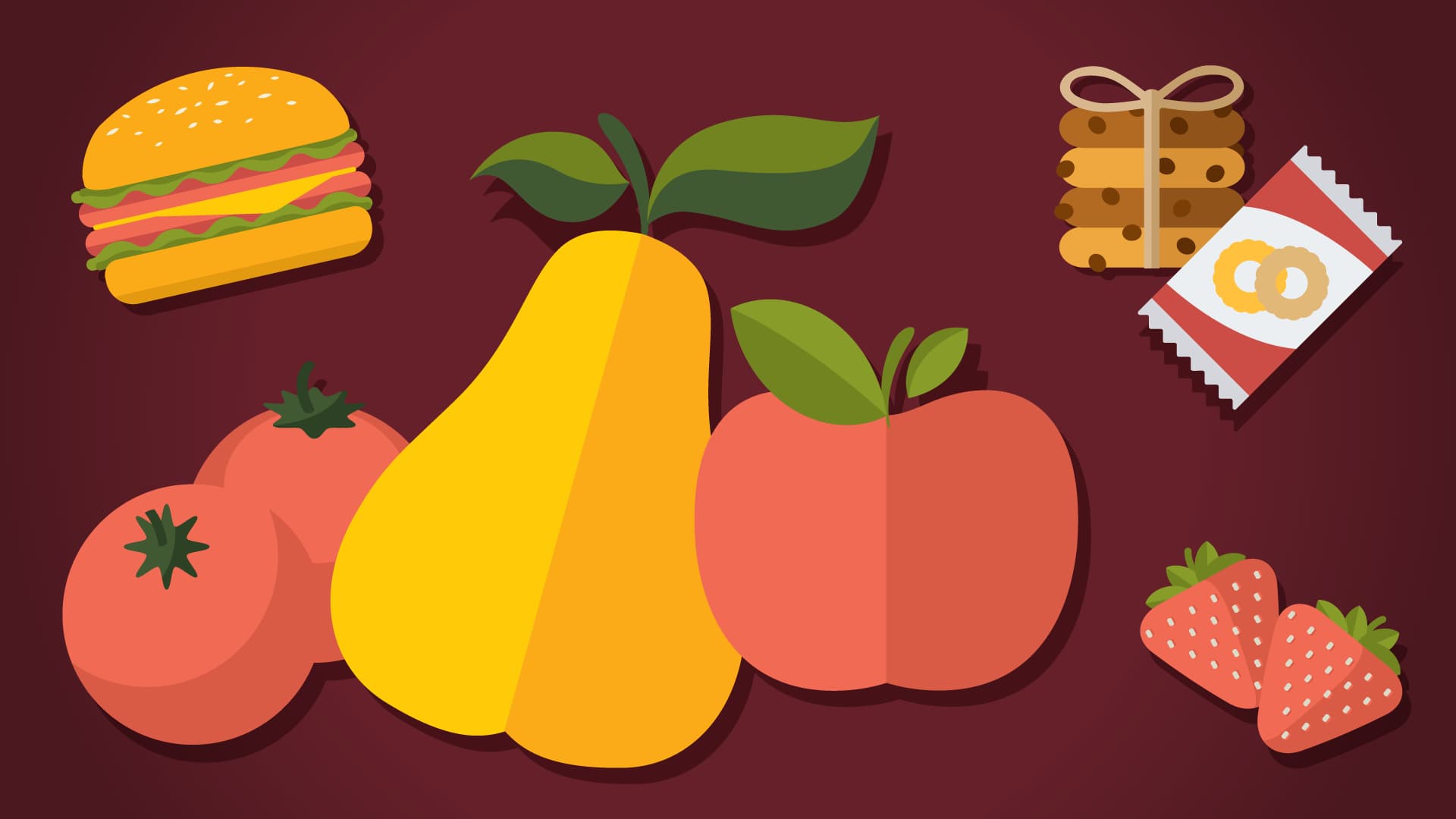 Illustration of fruit, a burger, cookies