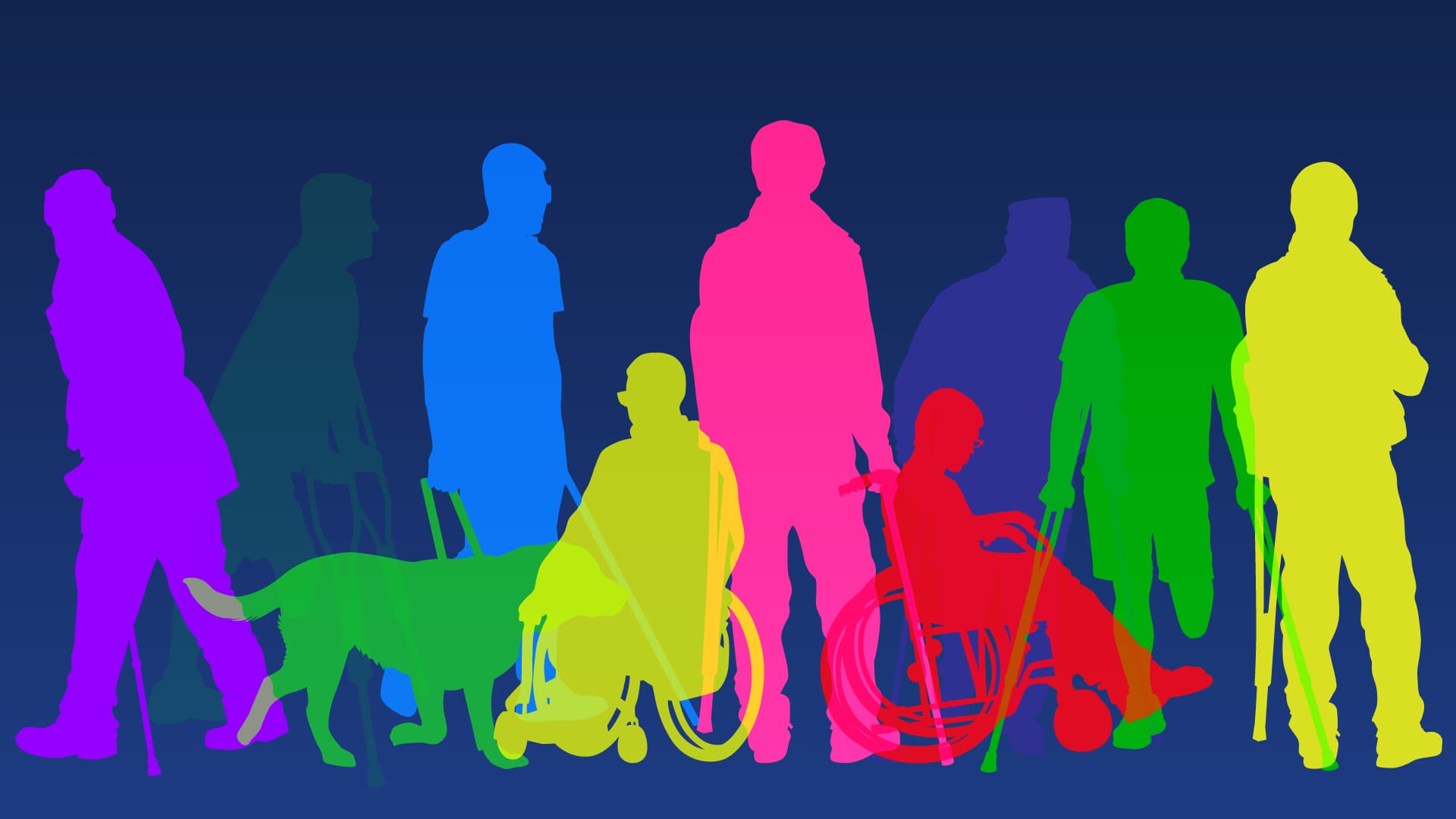 illustration of colorful silhouettes of people with variouis disabilities