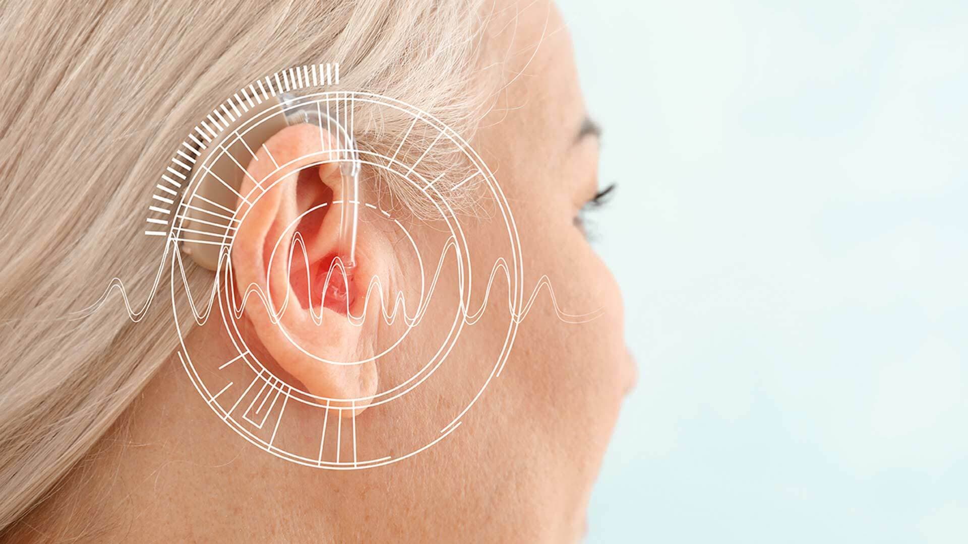 Hearing aid with illustration of sound wave