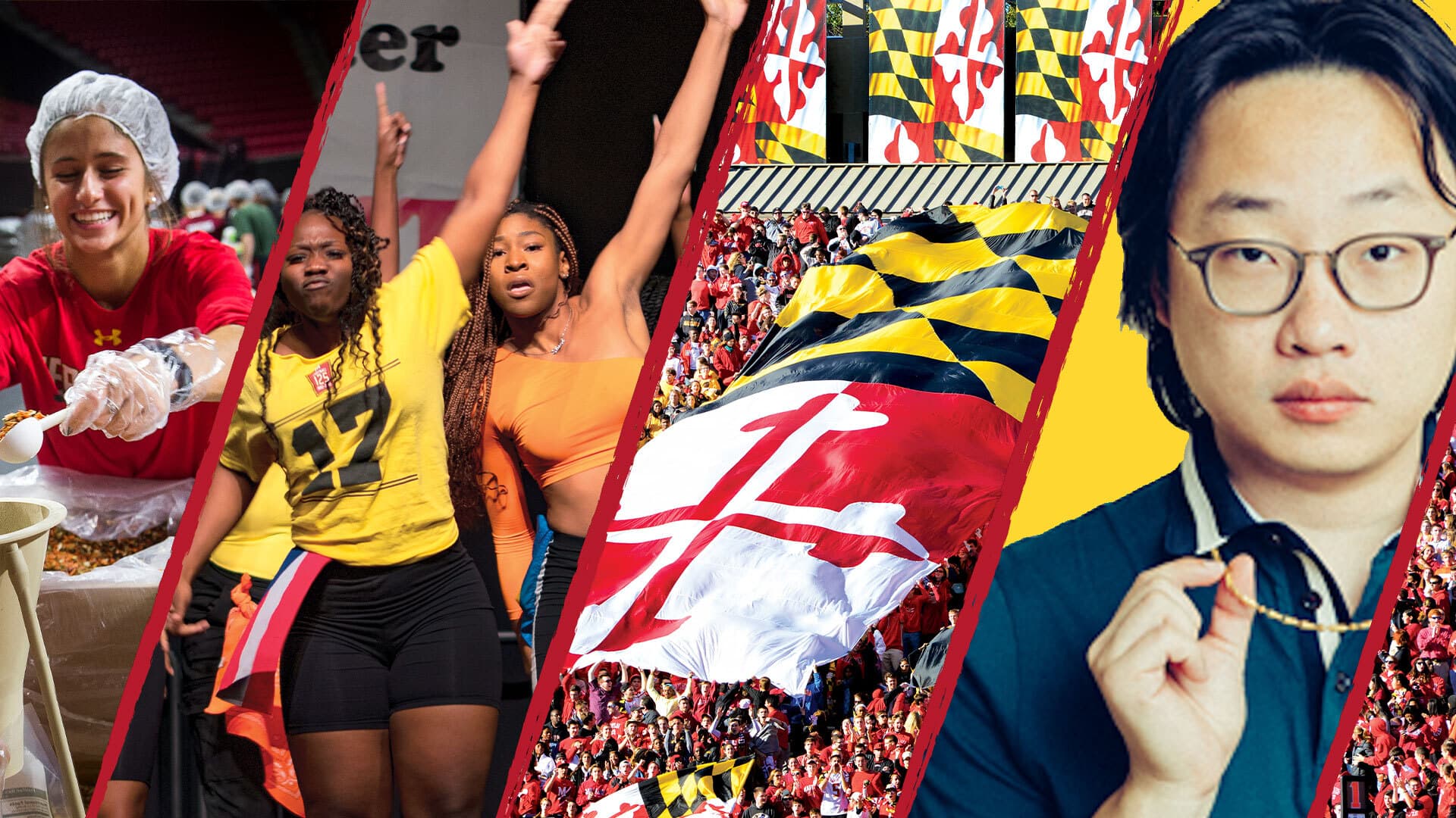 Homecoming collage: Terps Against Hunger students, Juke Joint, flag at football game, Jimmy O. Yang