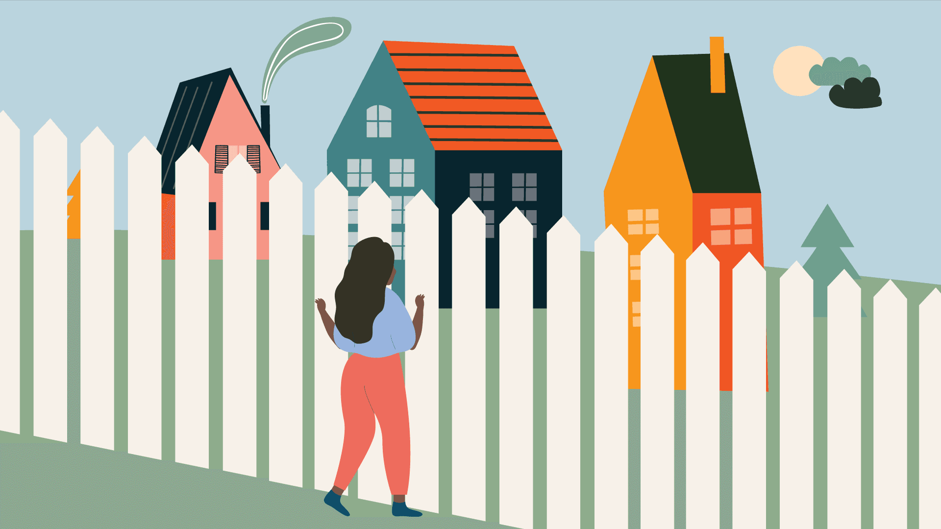 Woman of color looking at houses through tall fence