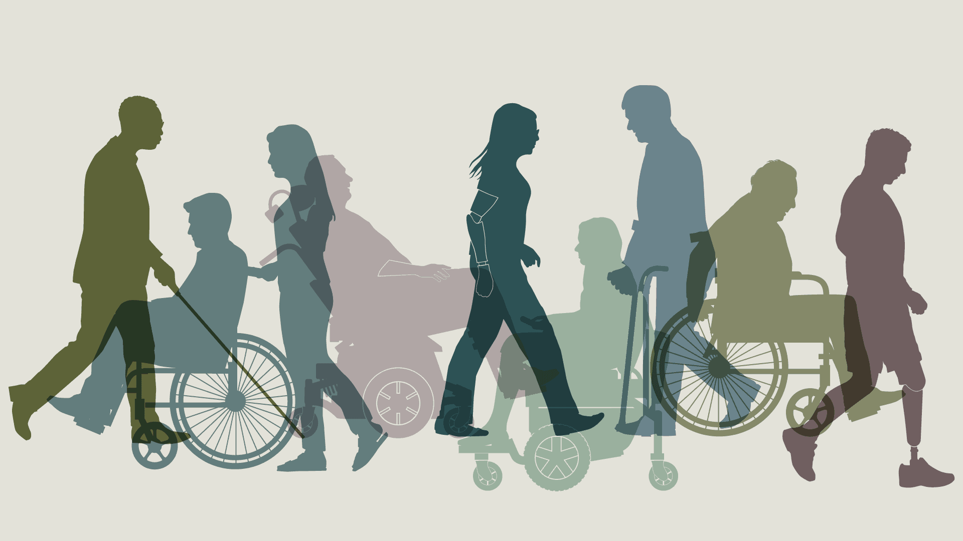 Silhouettes of people walking with canes, in wheelchairs, with prosthetics
