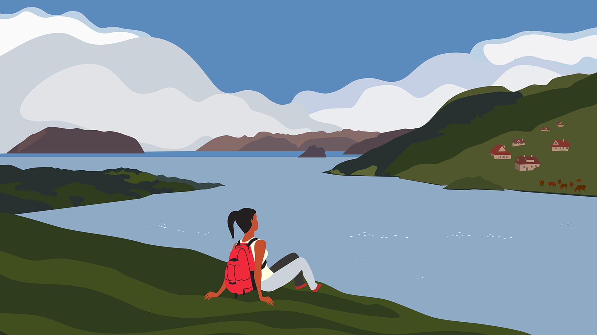 Illustration of person sitting alone near mountains and a body of water