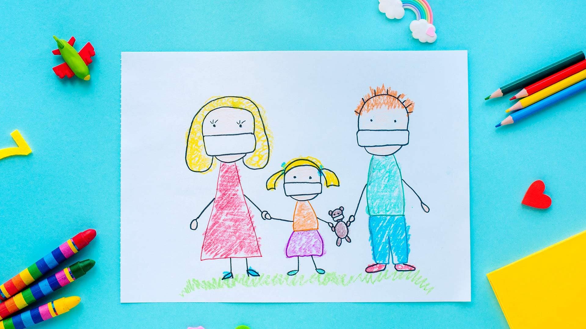 Drawing of a family wearing masks