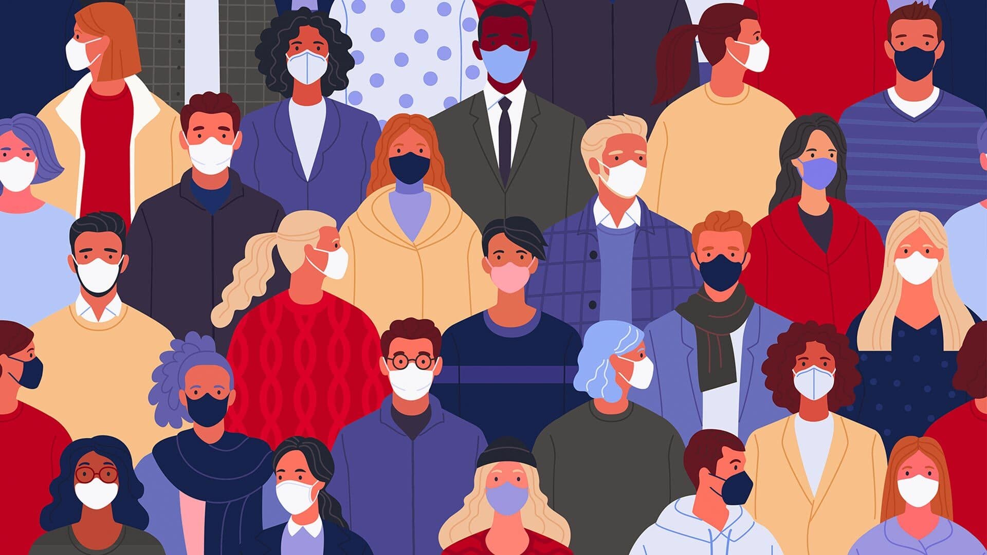 Illustration of crowd of people wearing masks