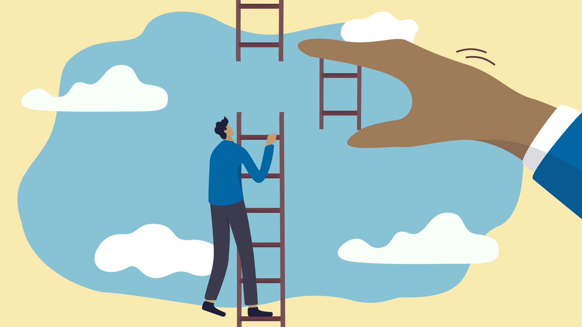 Illustration of person climbing broken ladder as a hand adds the missing piece