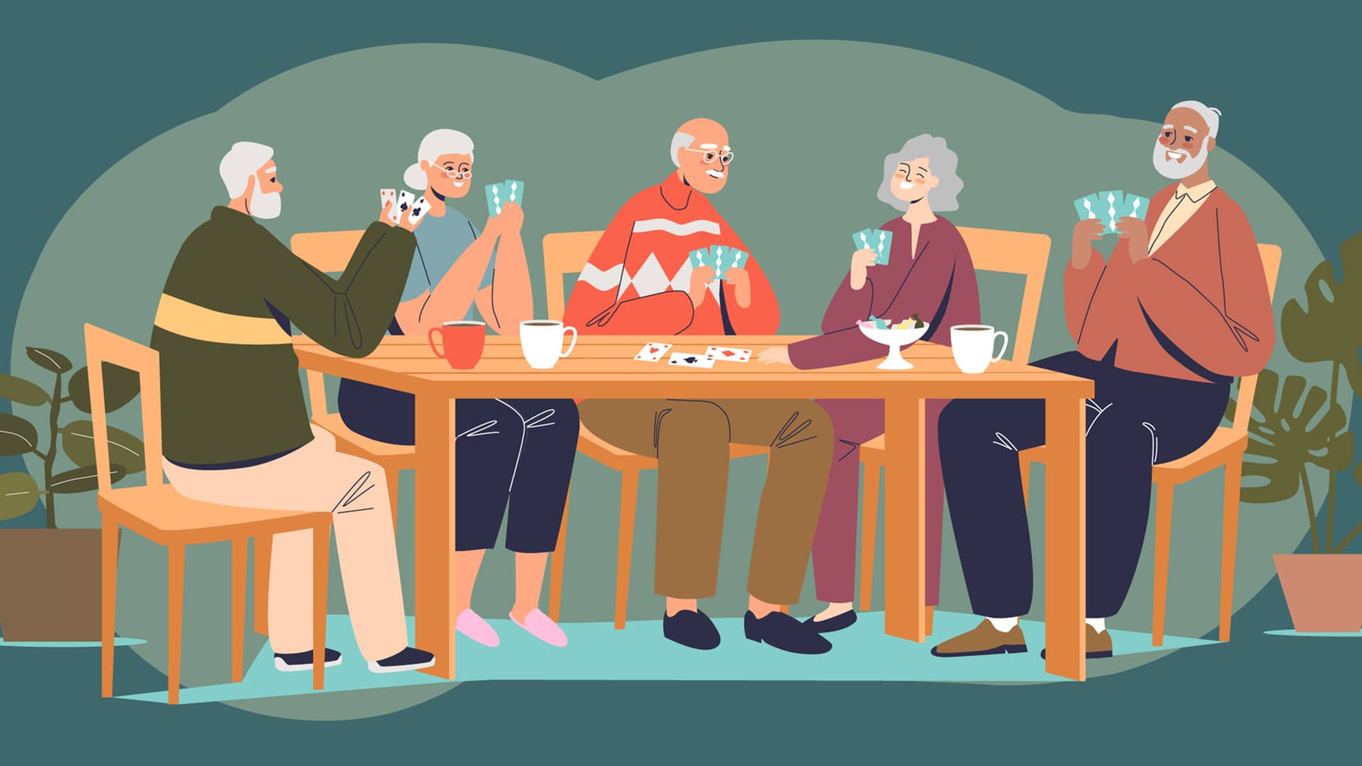 Illustration of older people gather around a table playing cards