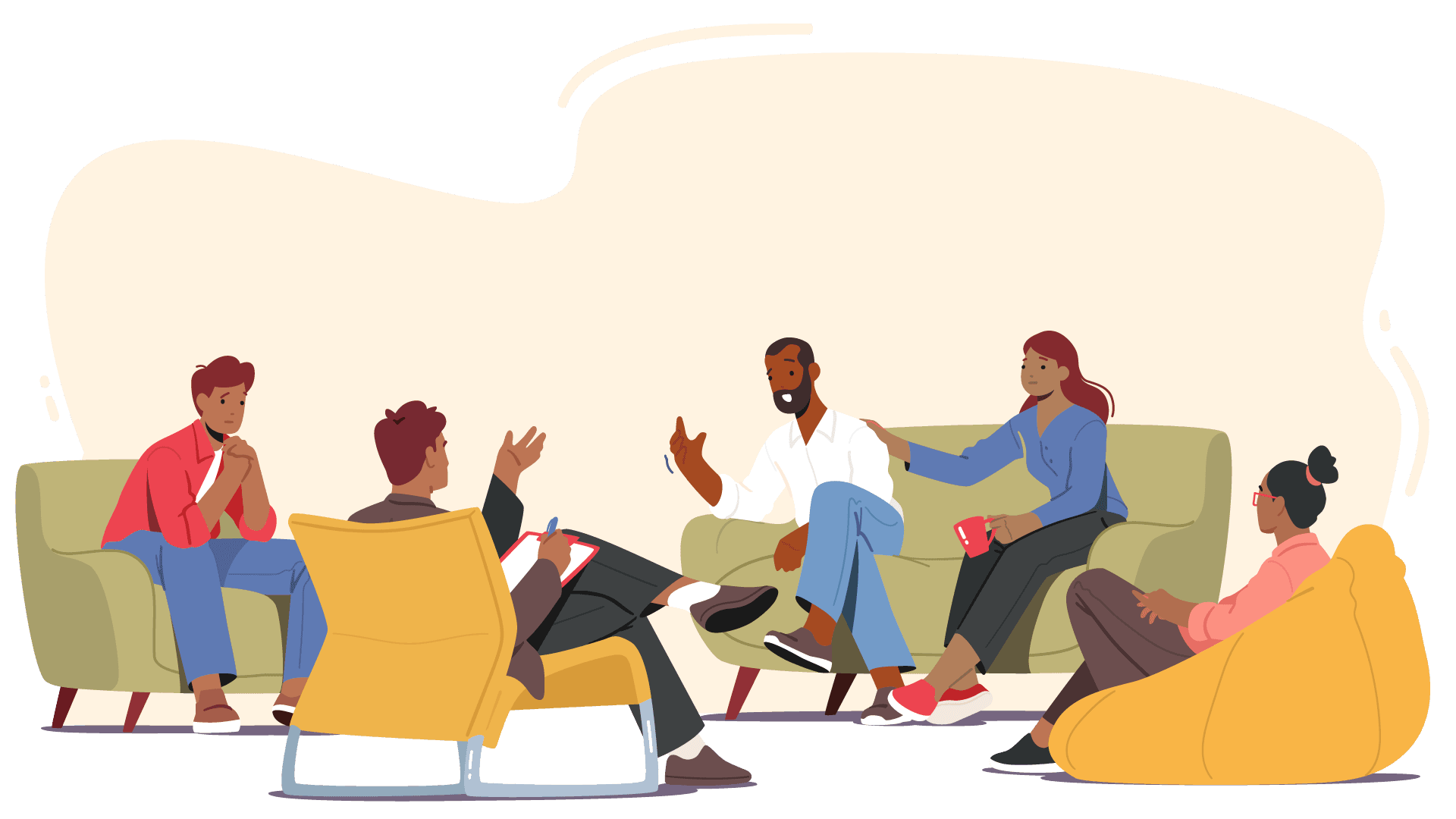 illustration of people sitting on chairs and couches and talking