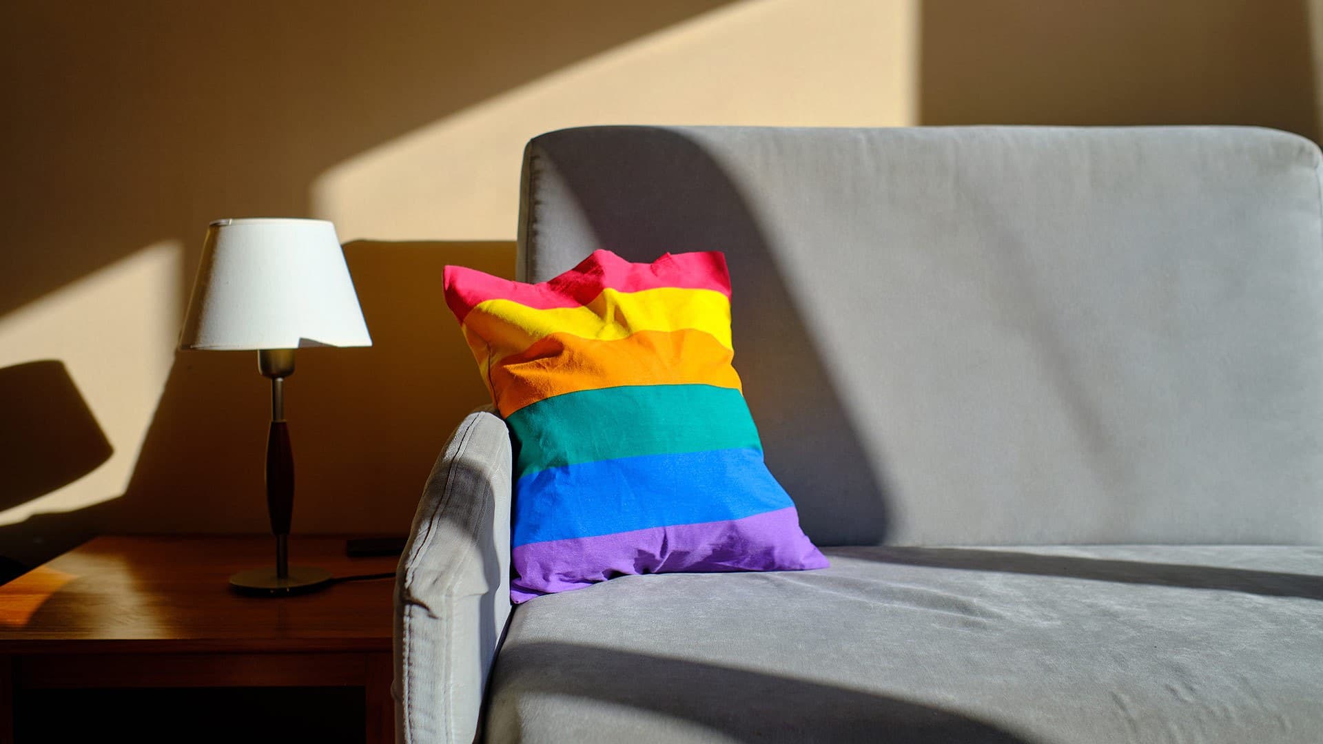 Gray couch with rainbow pillow