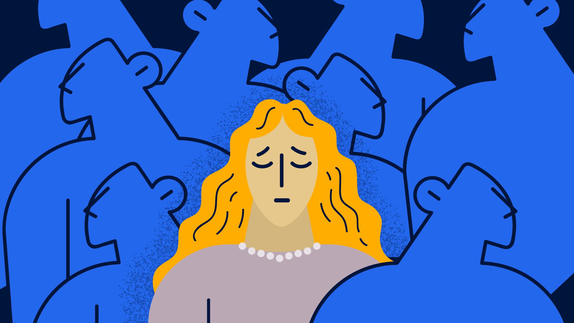 woman looking worried amid blue silhouettes of men