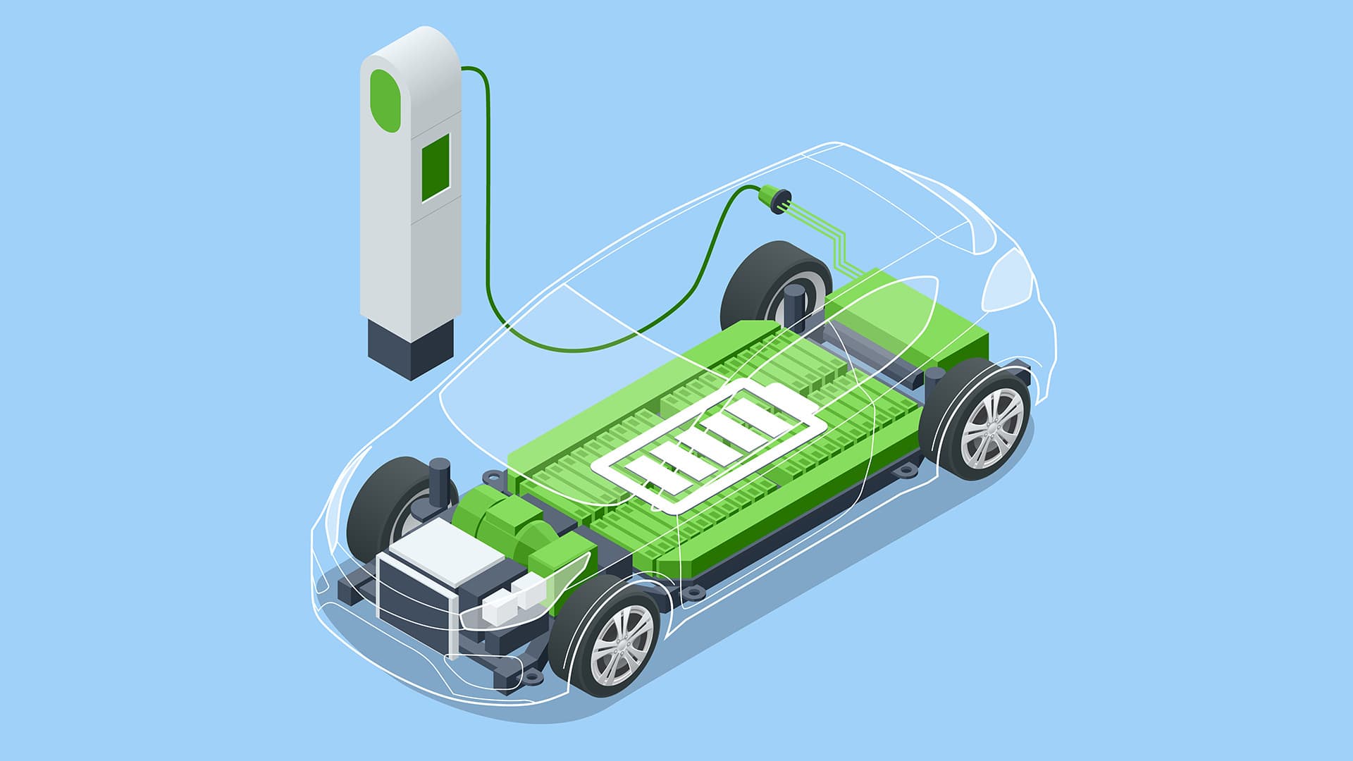 illustration of clear electric car connected to a charger