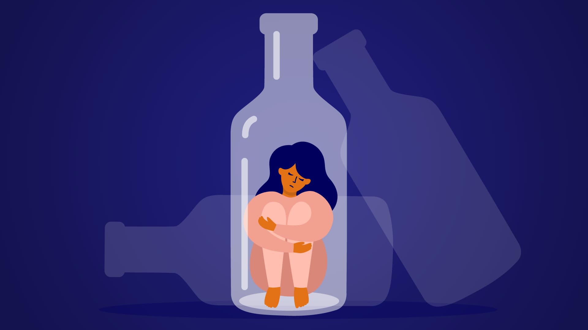 woman holds knees inside bottle