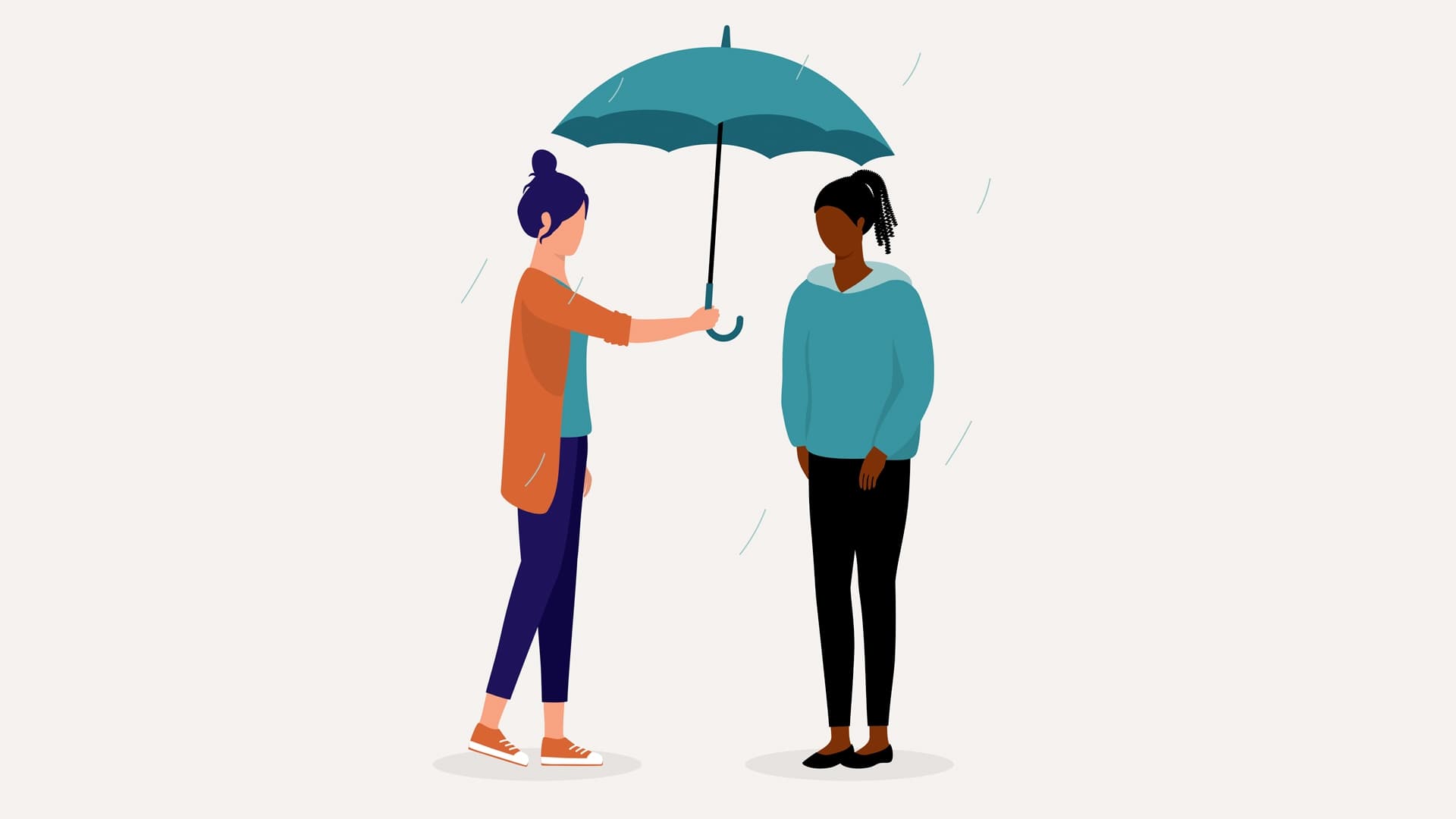 one person holds out umbrella for another