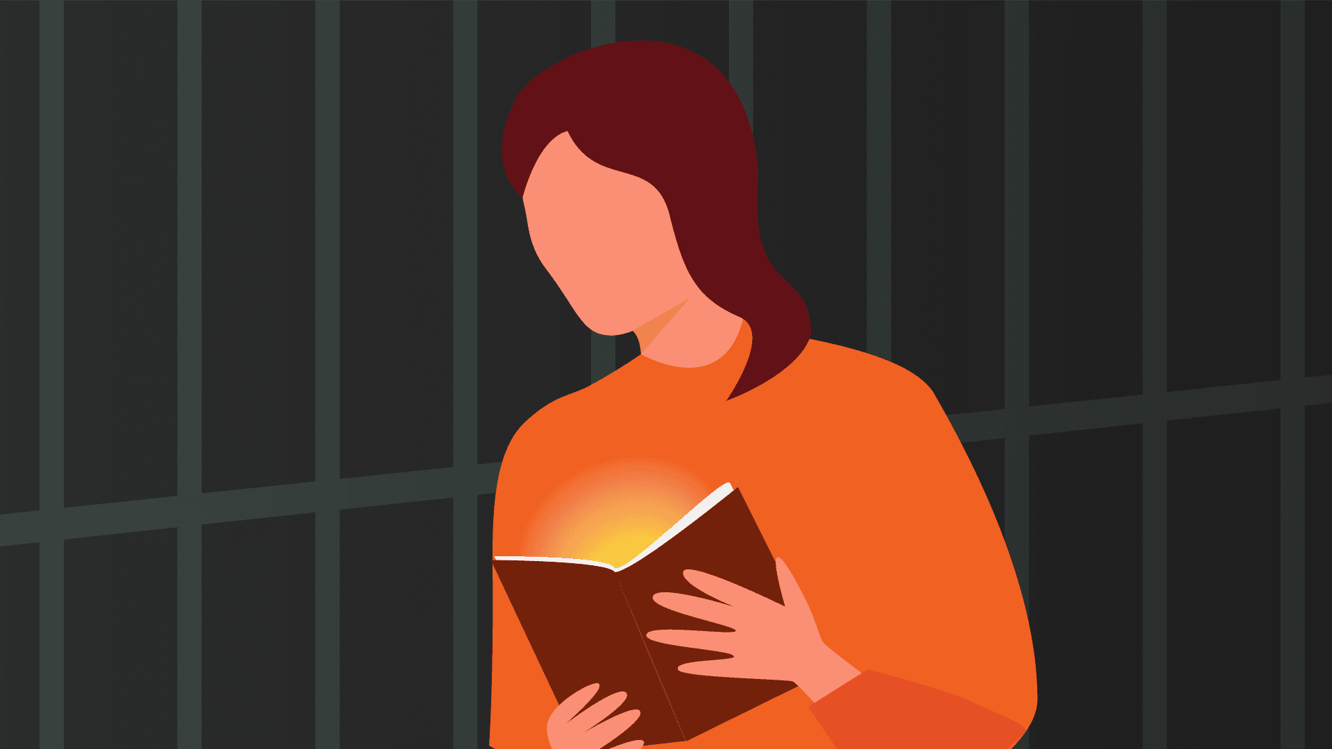 woman with orange shirt reading book behind bars