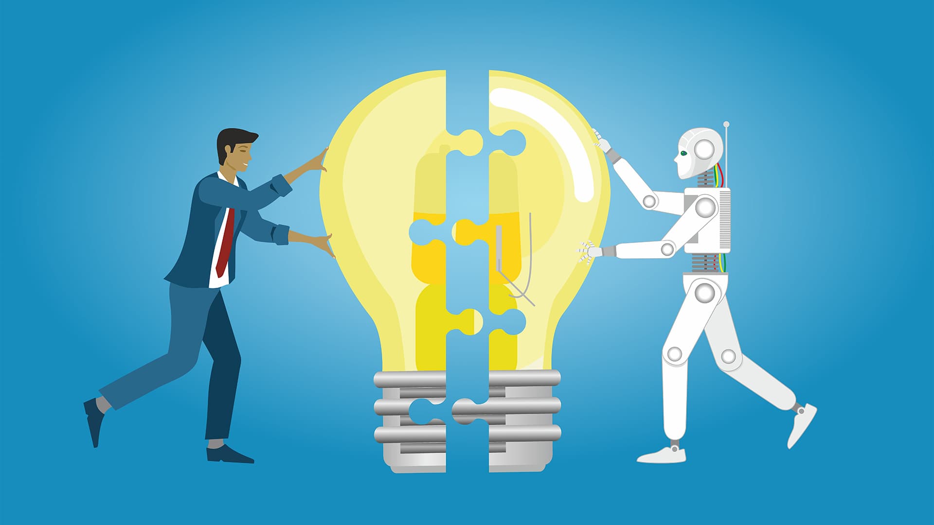 illustration of a man and a robot working together to assemble a lightbulb shaped puzzle