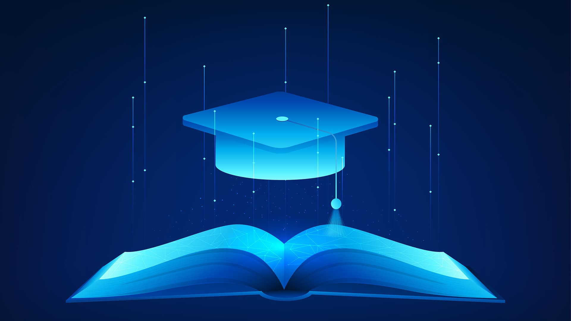 computer illustration of a graduate cap hovering over a book