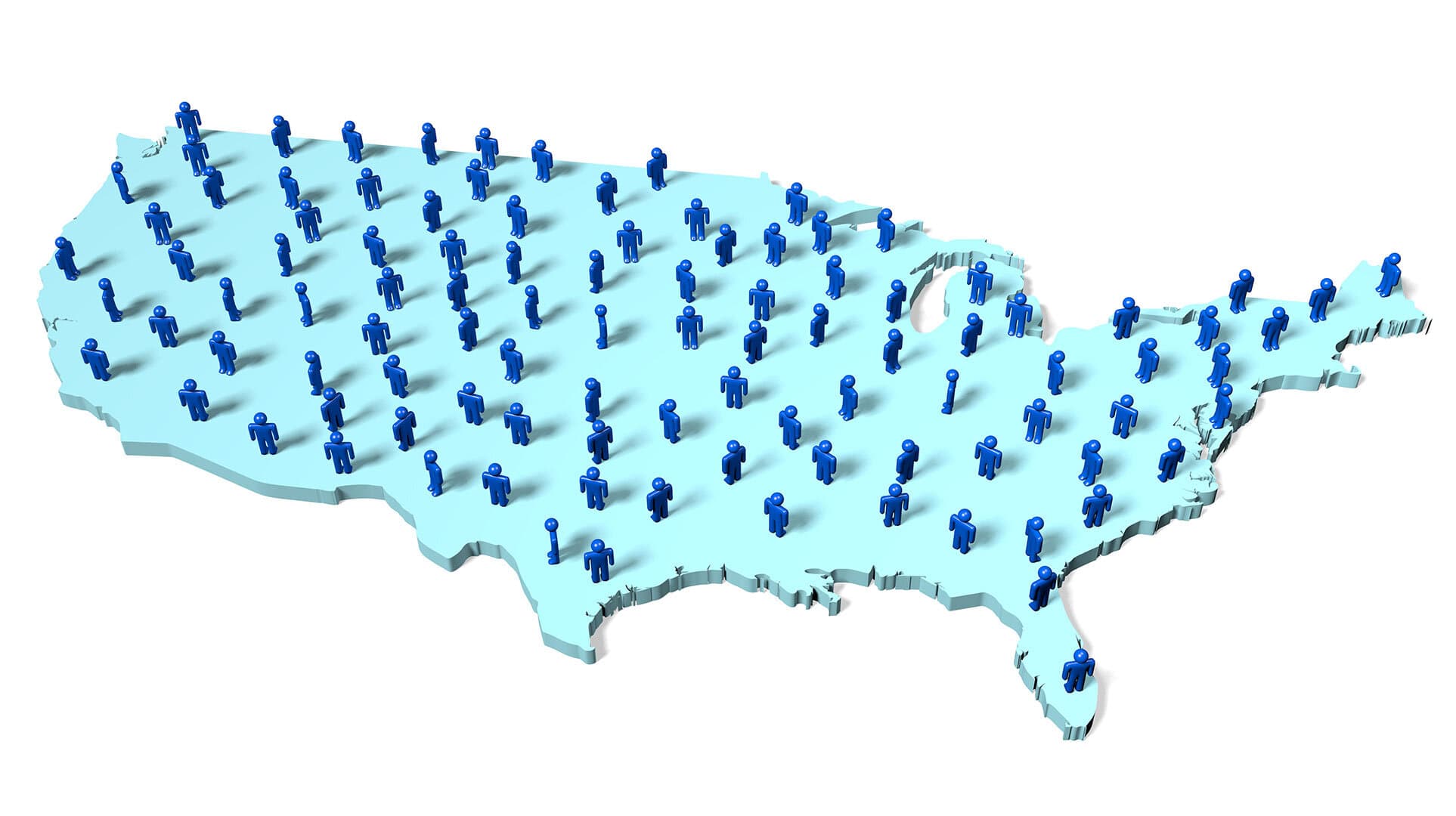 Light blue outline of USA with blue people inside