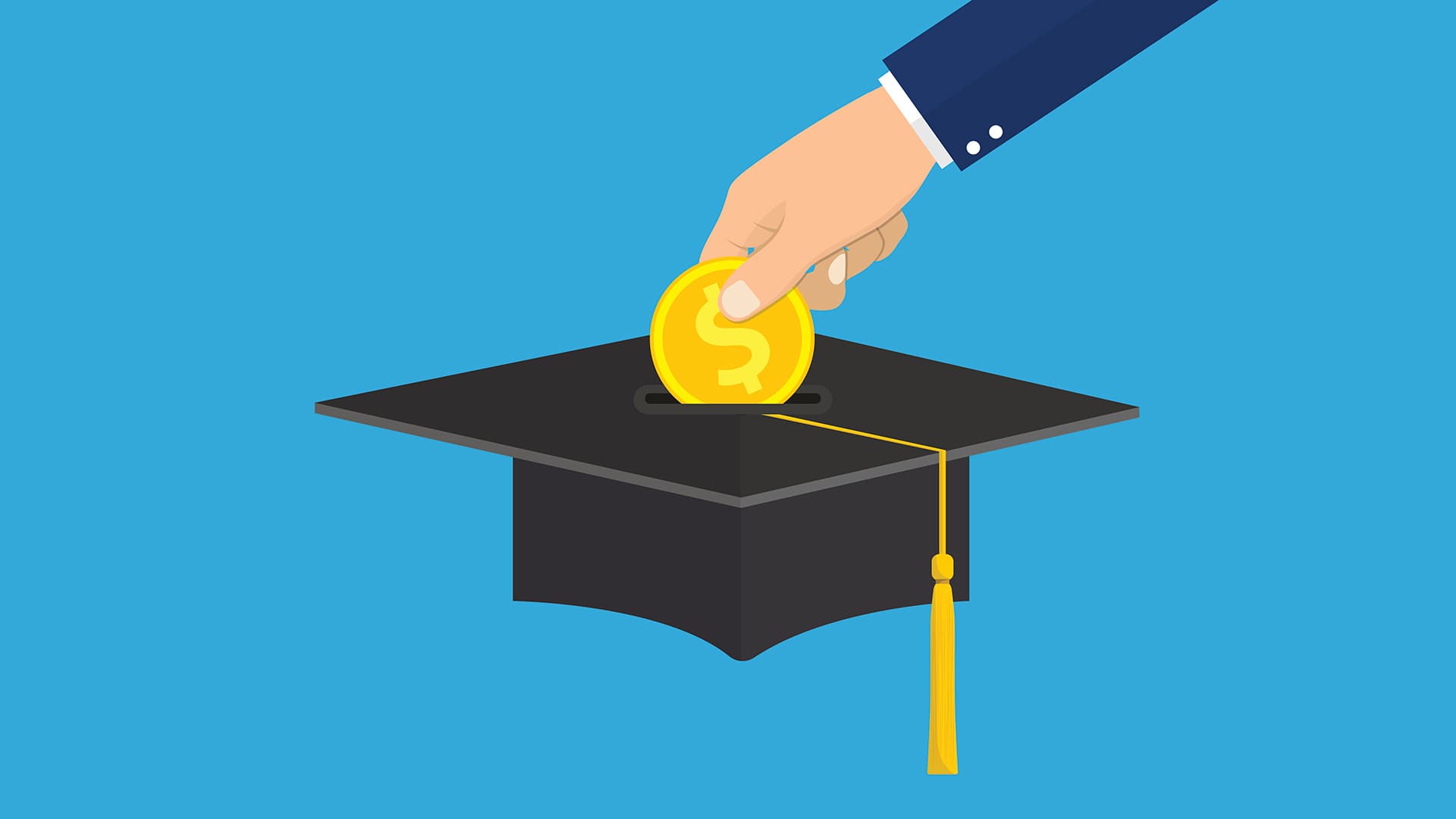 Illustration of a hand placing a coin into a grad cap