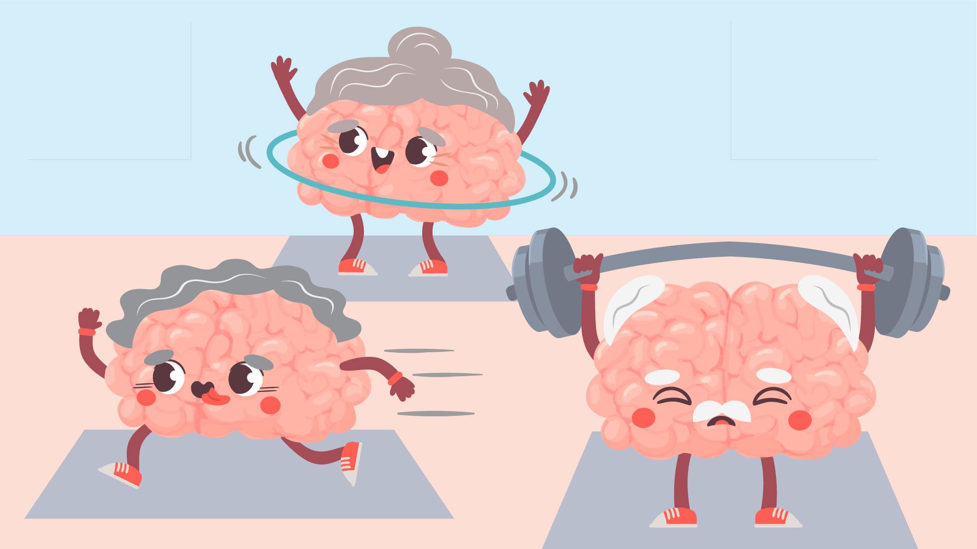 three personified elderly brains exercising