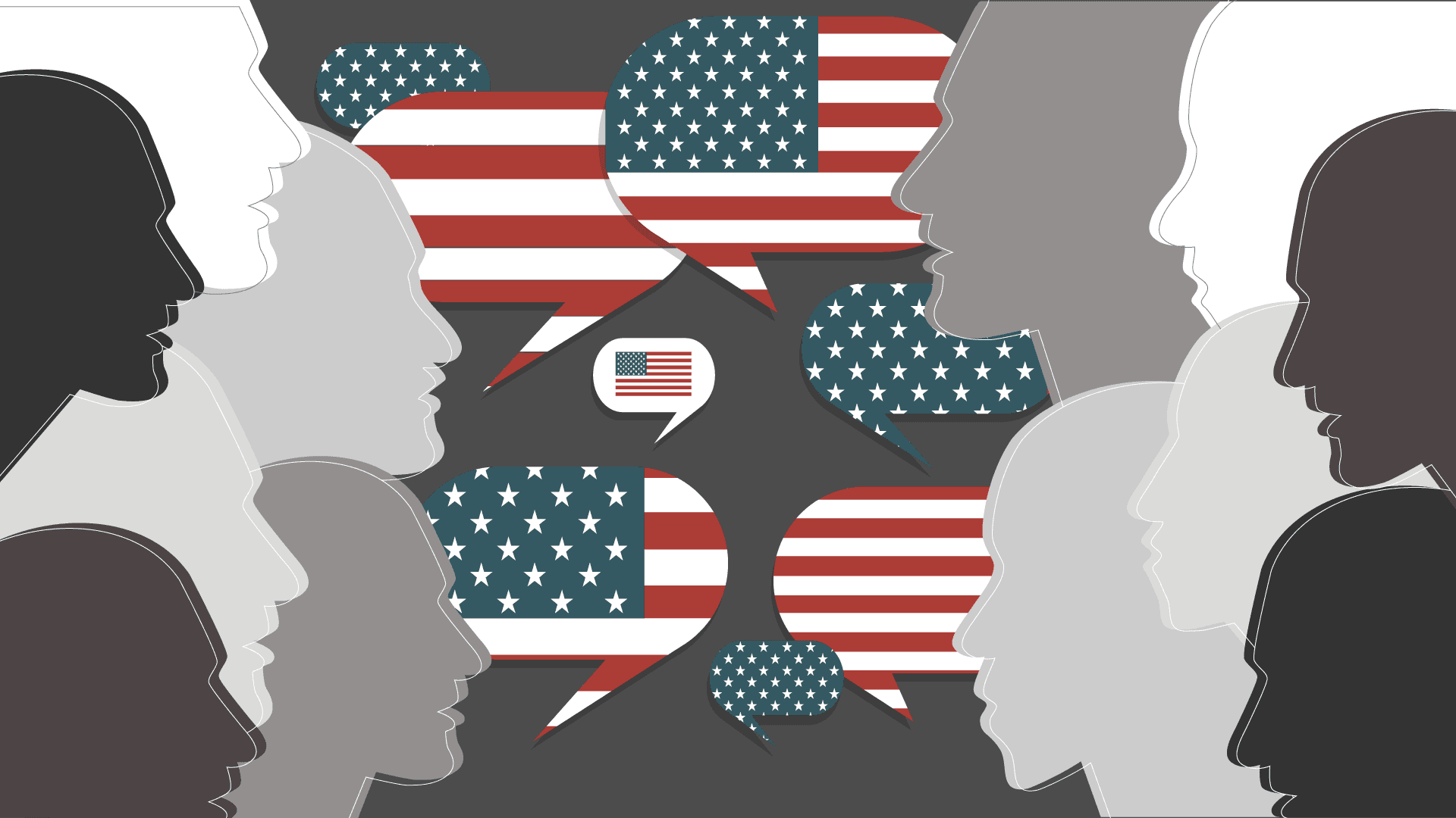 Illustration of gray silhouettes with American flag speech bubbles