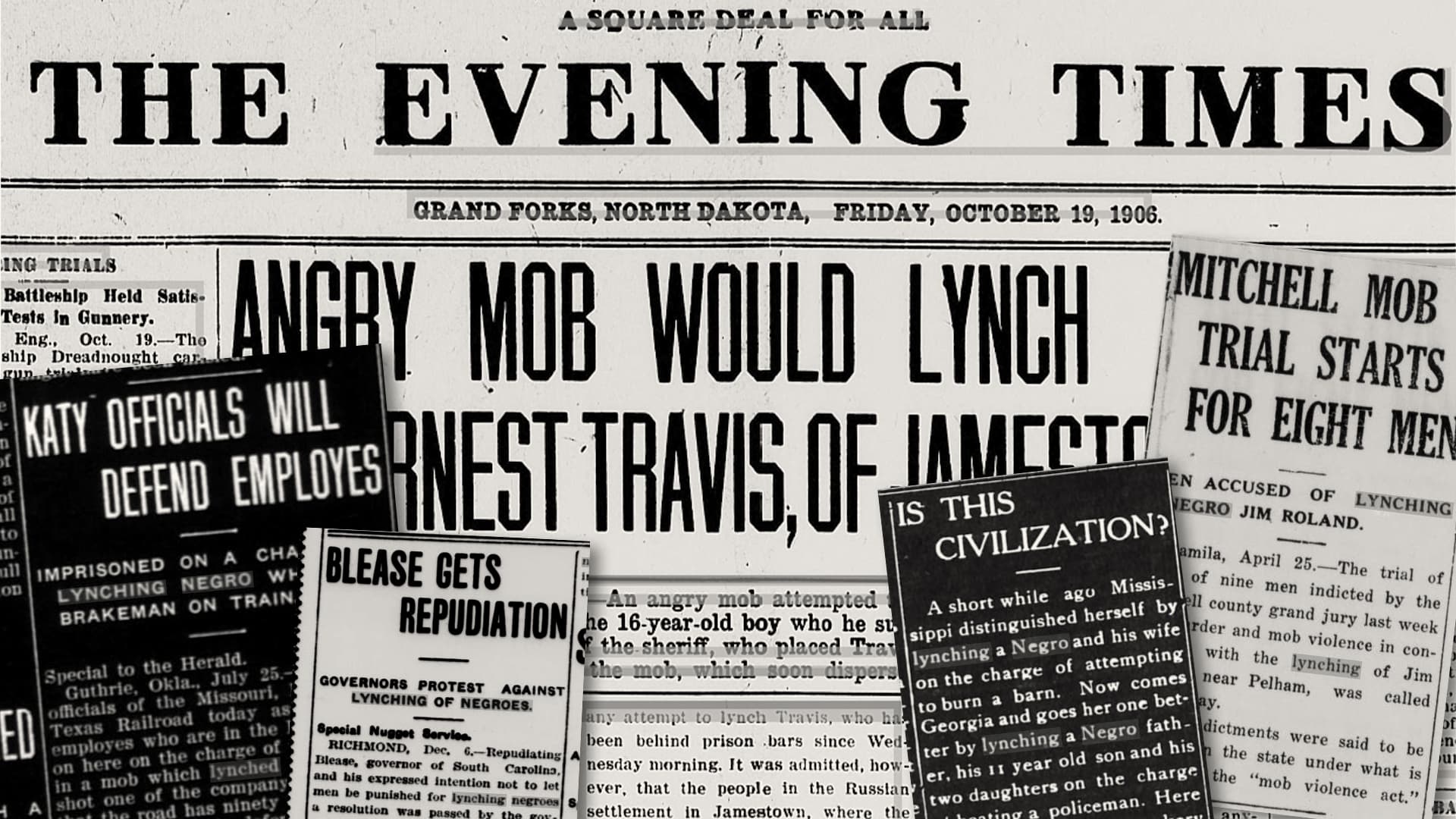 Collage of headlines about lynchings throughout U.S. history