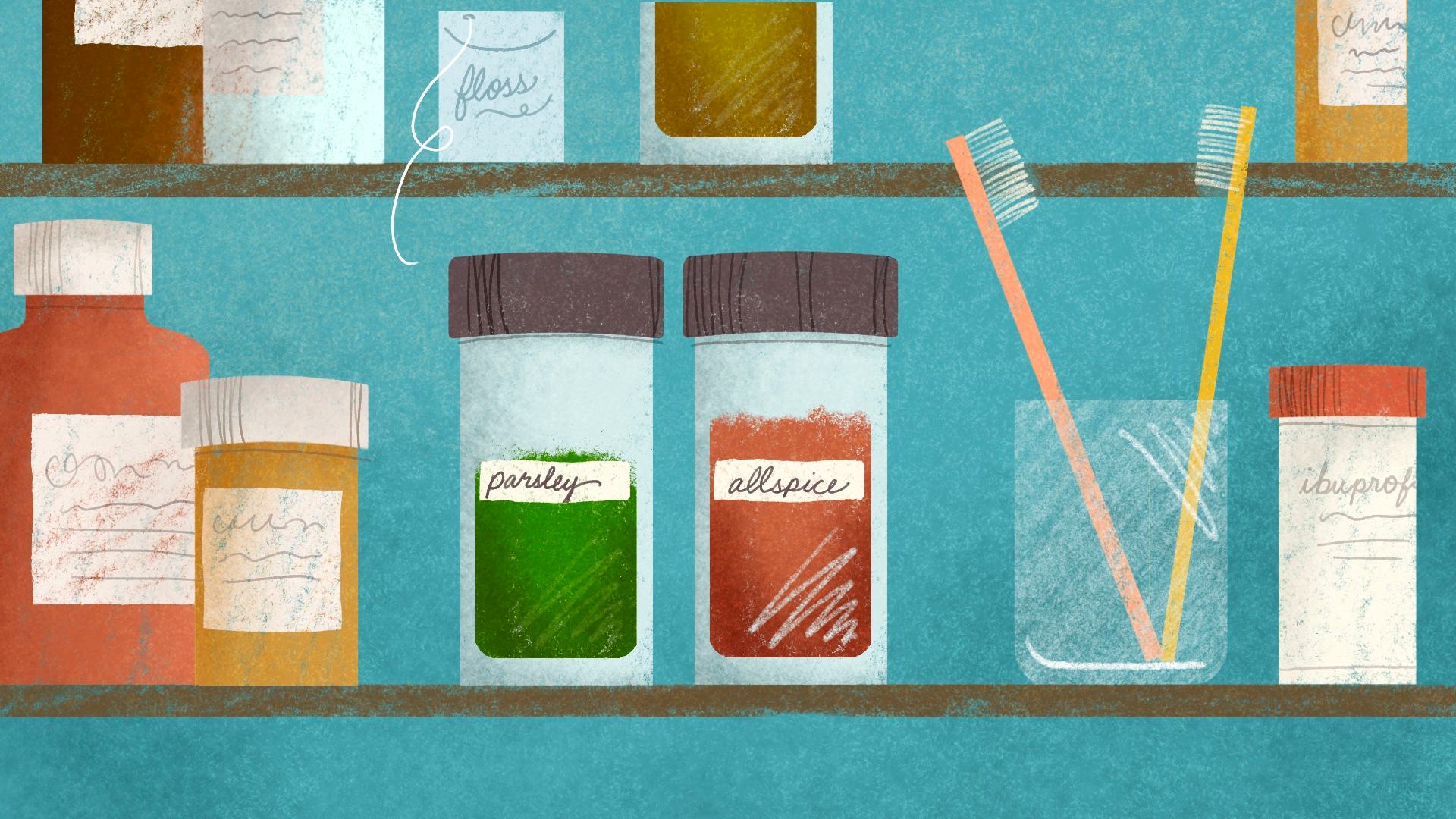 illustration of medicine cabinet with spices in it along with drugs and toothbrushes