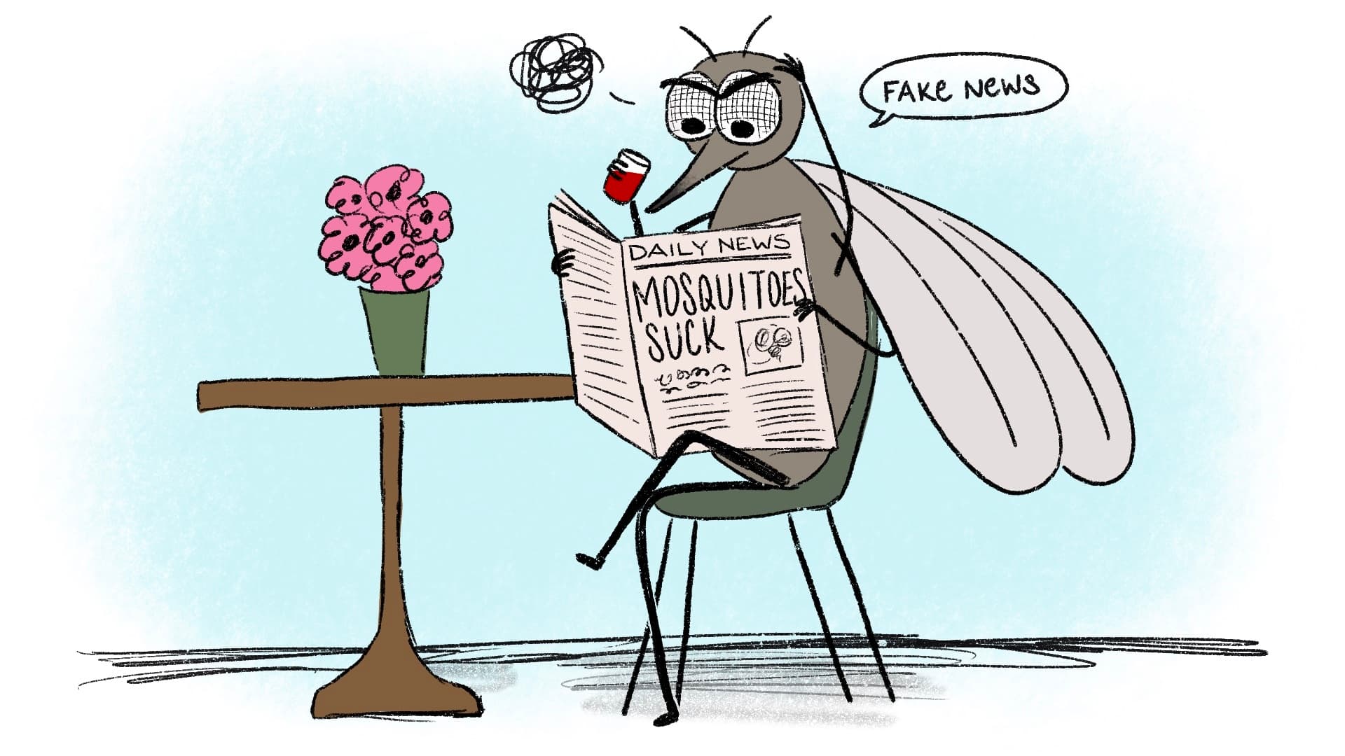 mosquito reading a newspaper that reads, "Daily News: Mosquitoes Suck" and saying, "Fake News."