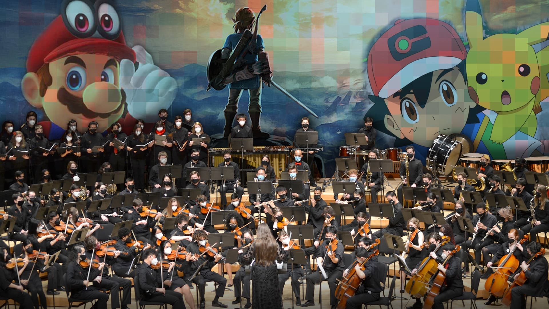 Gamer Symphony Orchestra with Mario, Zelda and Pokémon characters in the background