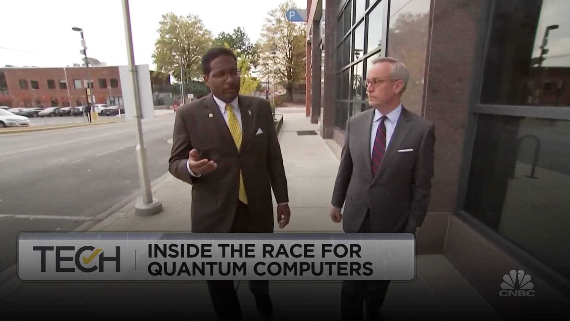 Screengrab of Pines on CNBC with caption: "Inside the Race for Quantum Computers"