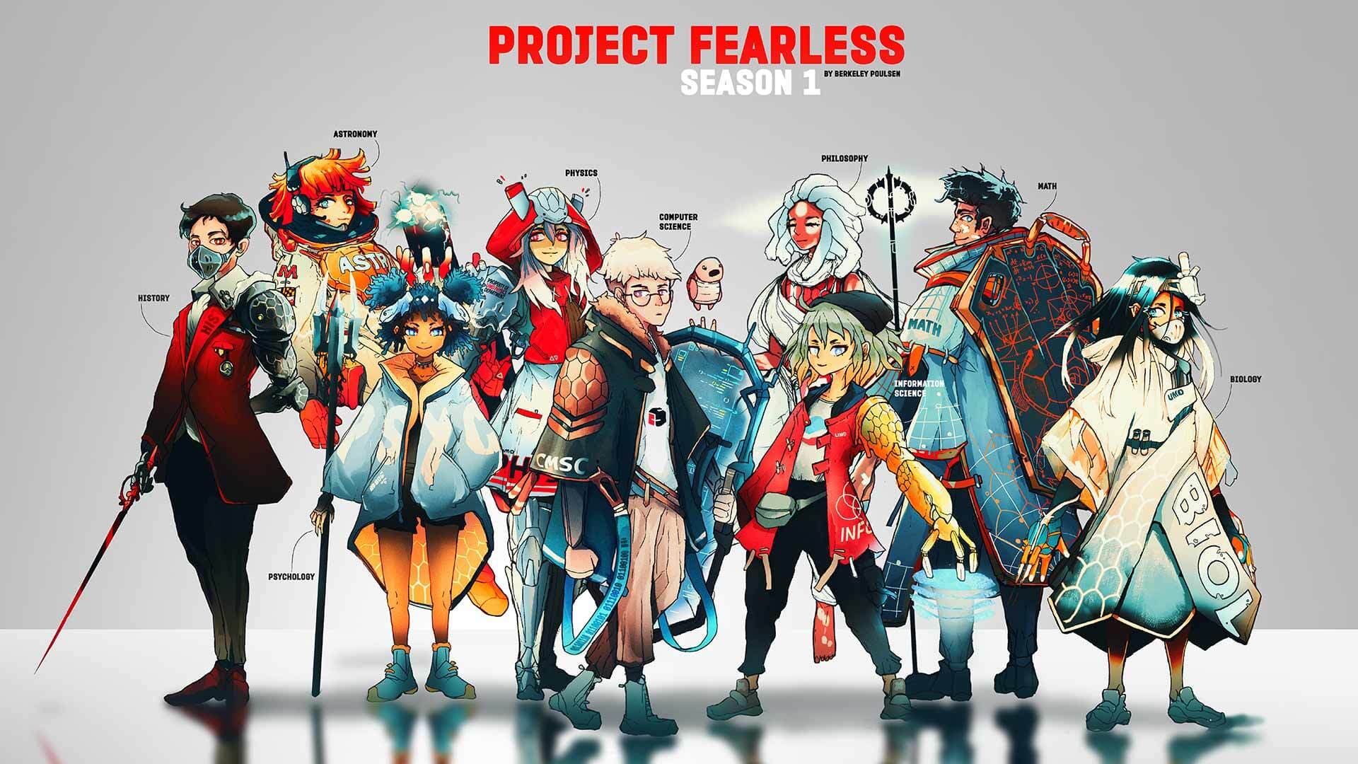 Project Fearless Season 1, by Berkeley Poulsen: Drawings of characters representing UMD majors