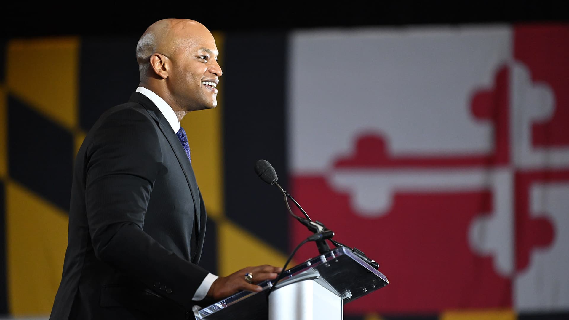 Gov. Wes Moore speaks at podium