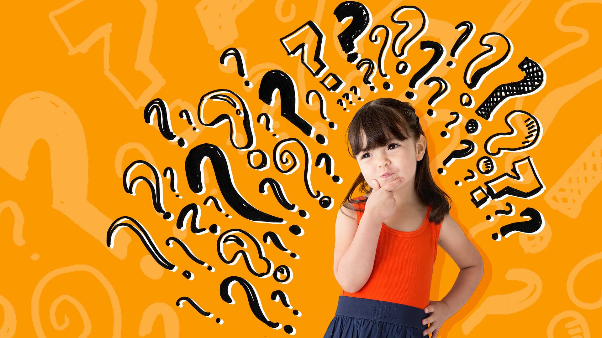 Girl surrounded by illustrated question marks
