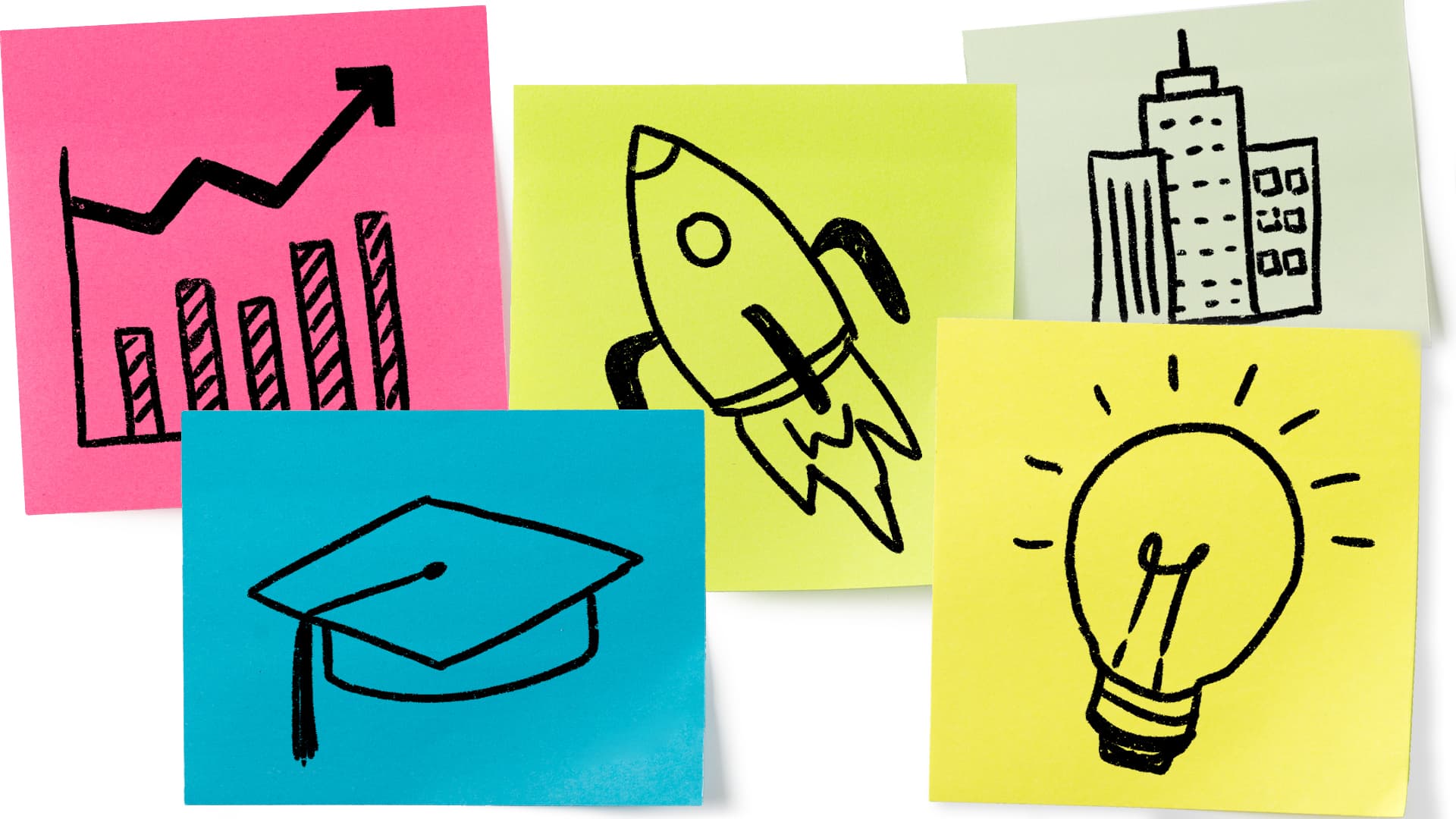 Sticky notes illustrating a chart, a grad cap, a rocket, a lightbulb and skyscrapers