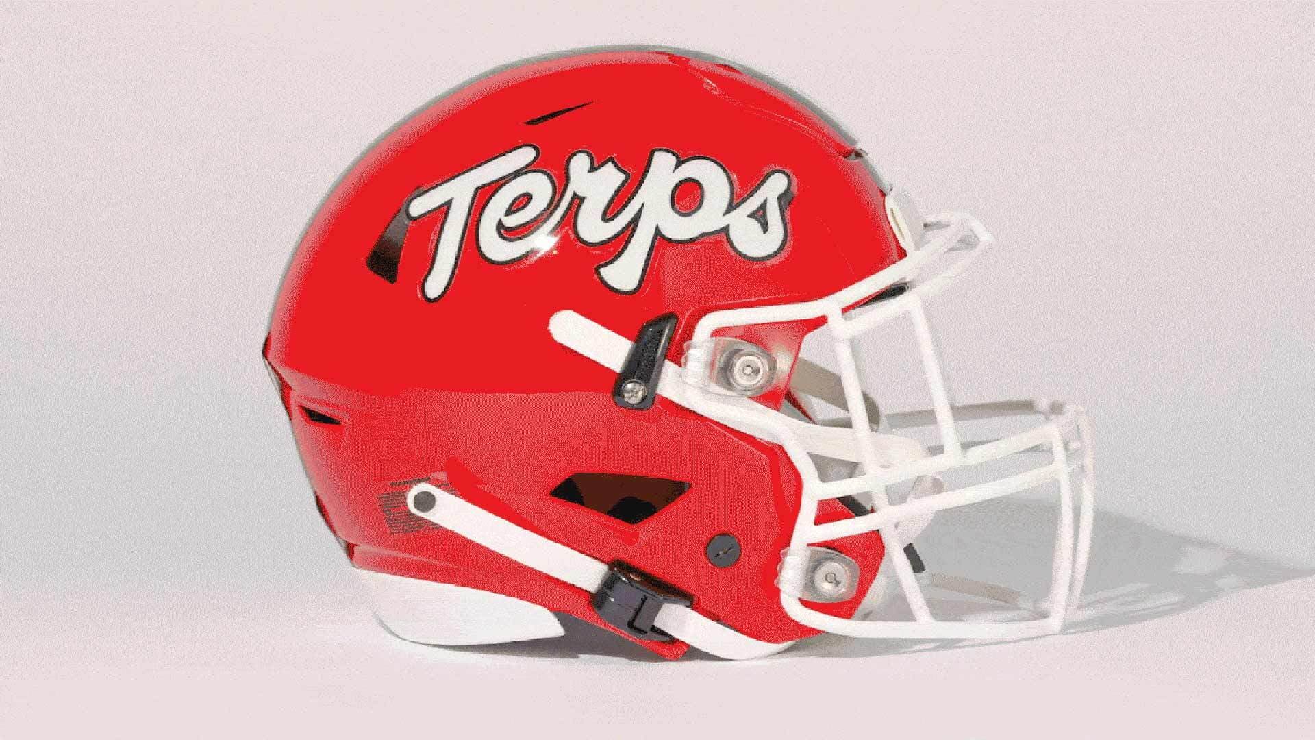 red football helmet with white script Terps on side