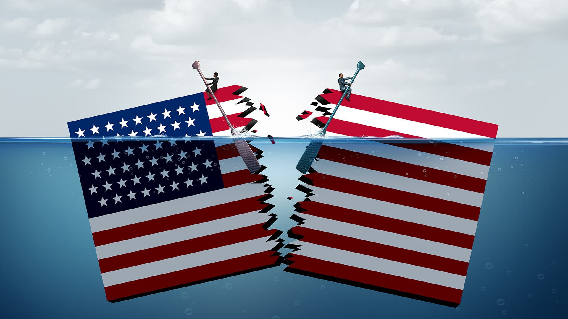 two people rowing American flag as it snaps in half
