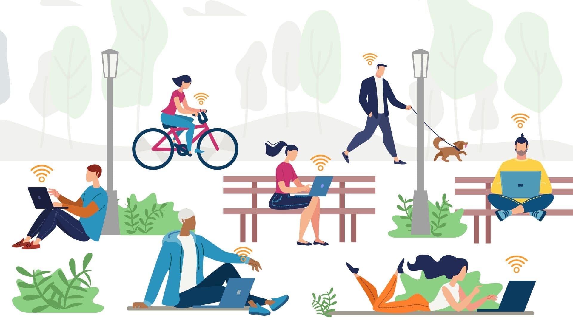 Illustration of people in a park connecting to WiFi