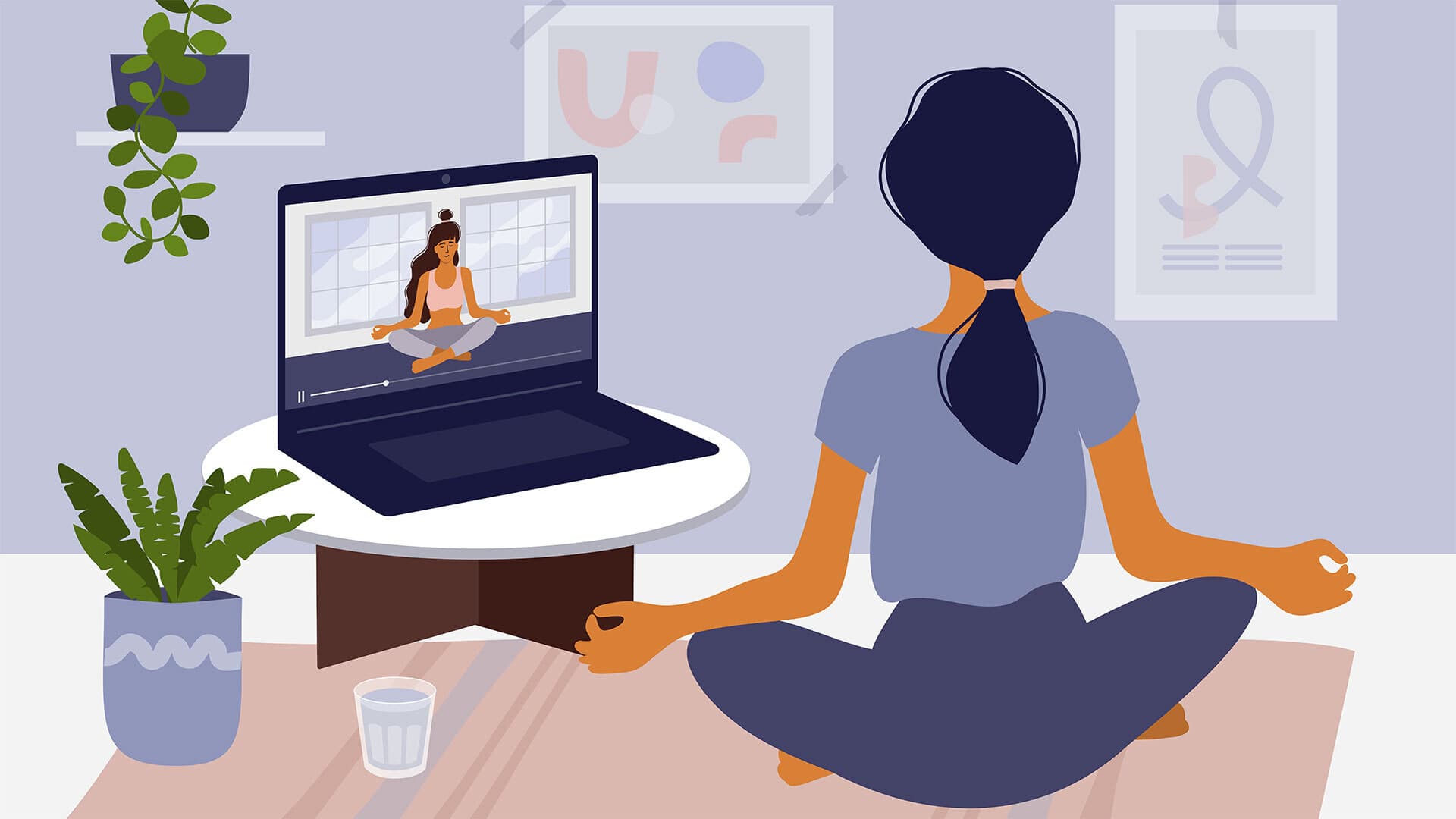 Illustration of woman participating in virtual yoga