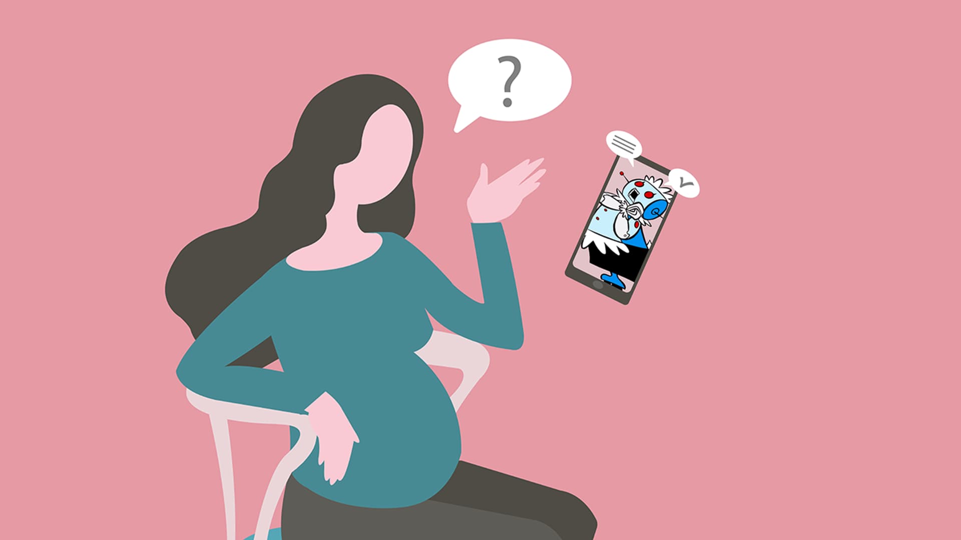 Illustration of pregnant woman asking Rosie chatbot a question
