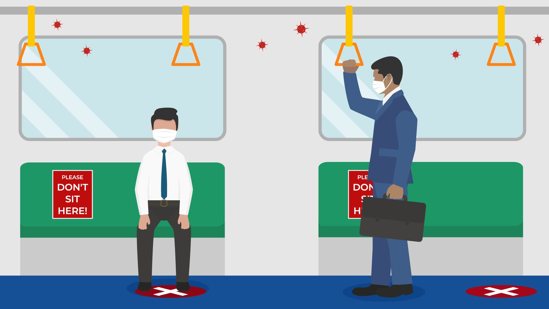 Illustration of two people wearing masks on train to work