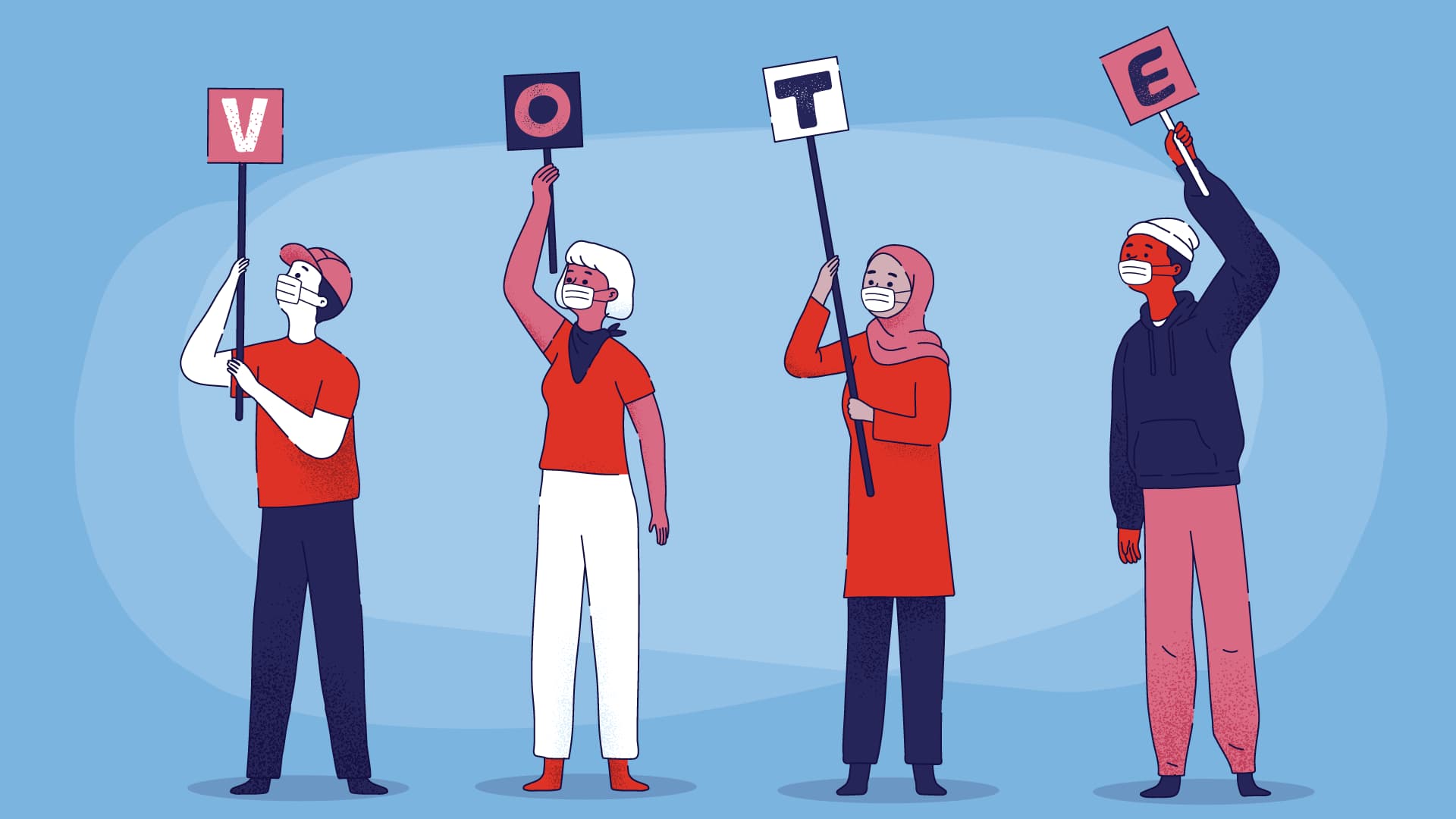 Illustration of people wearing masks and holding signs that spell, "VOTE"