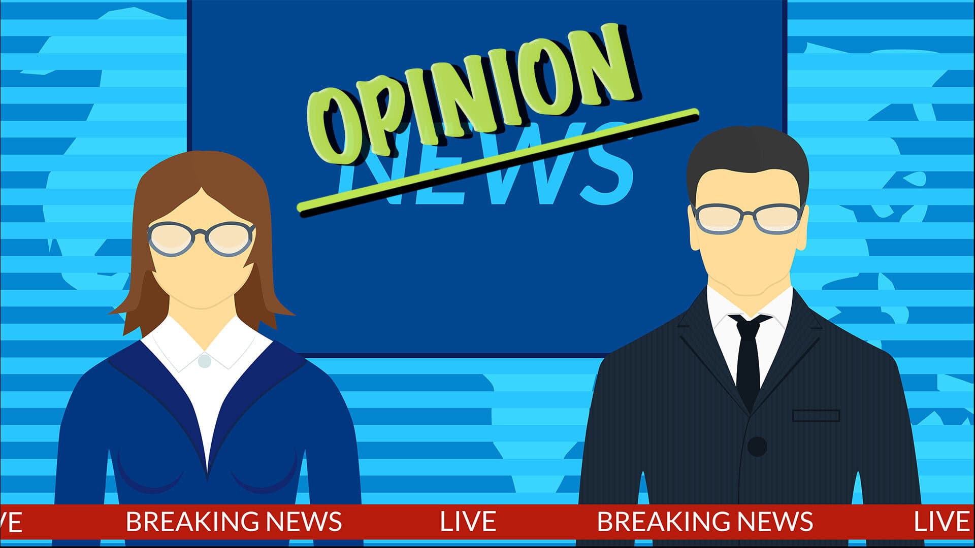 Illustration of news anchors with "News" crossed out to say "Opinion"