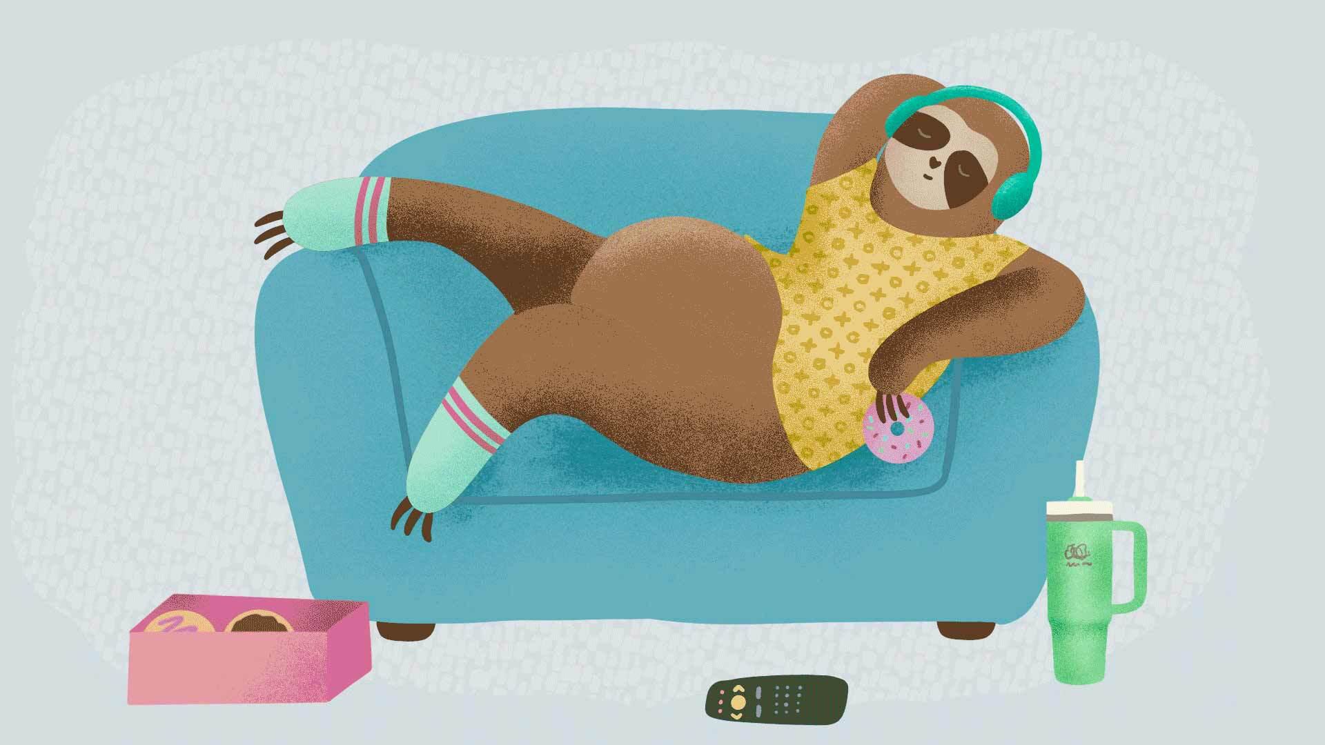 sloth lounging on coach eating donut