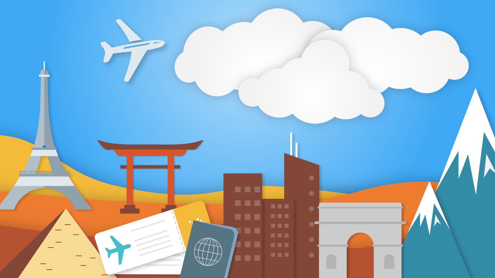 Illustration of blue sky with Eiffel Tower, pyramid, plane/plane tickets and passport, buildings and mountains