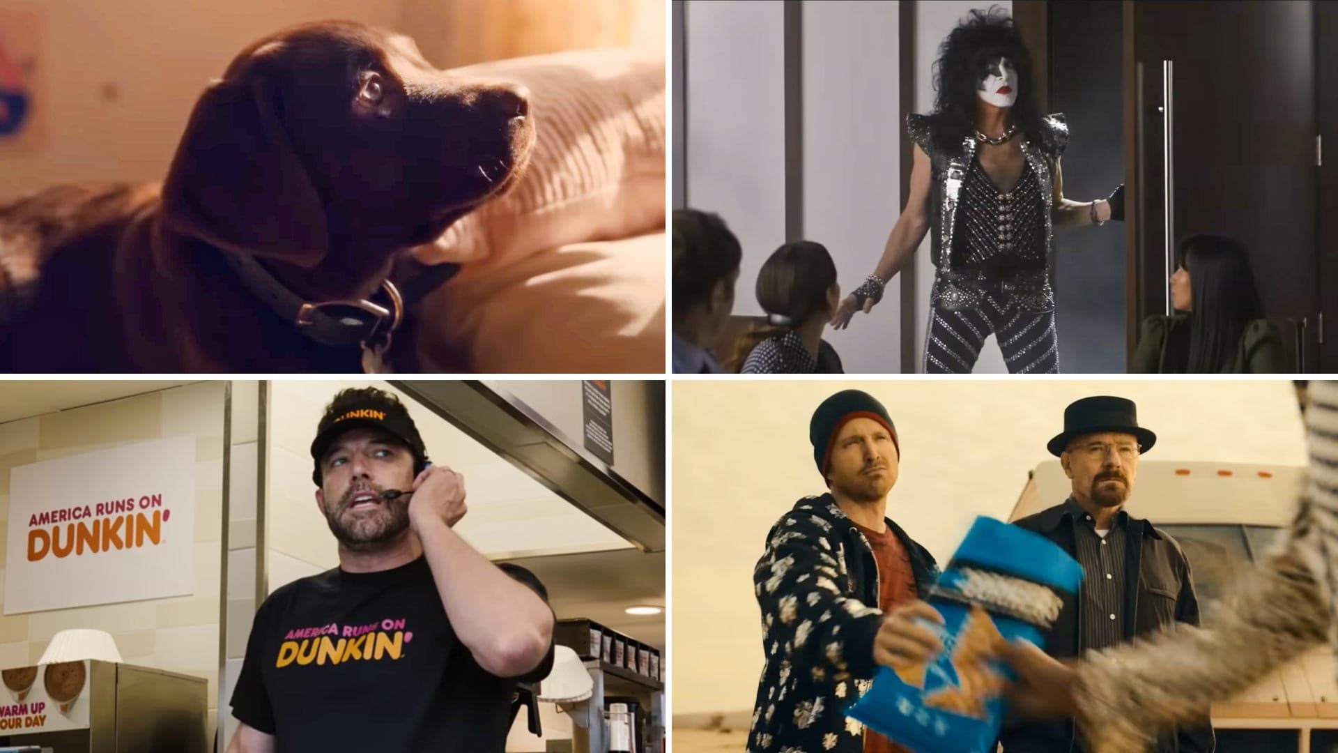 Collage of puppy, Paul Stanley, Ben Affleck working at Dunkin', and Jesse Pinkman and Walter White from "Breaking Bad"