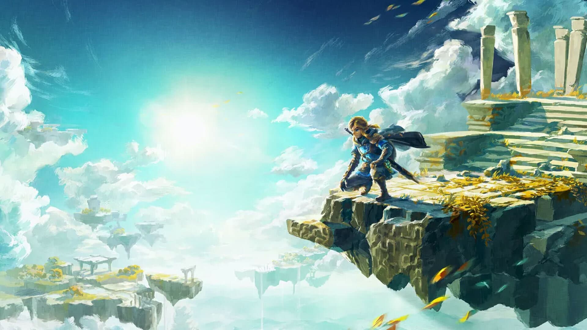 Video game still of a character with a sword on ruins in the sky among clouds