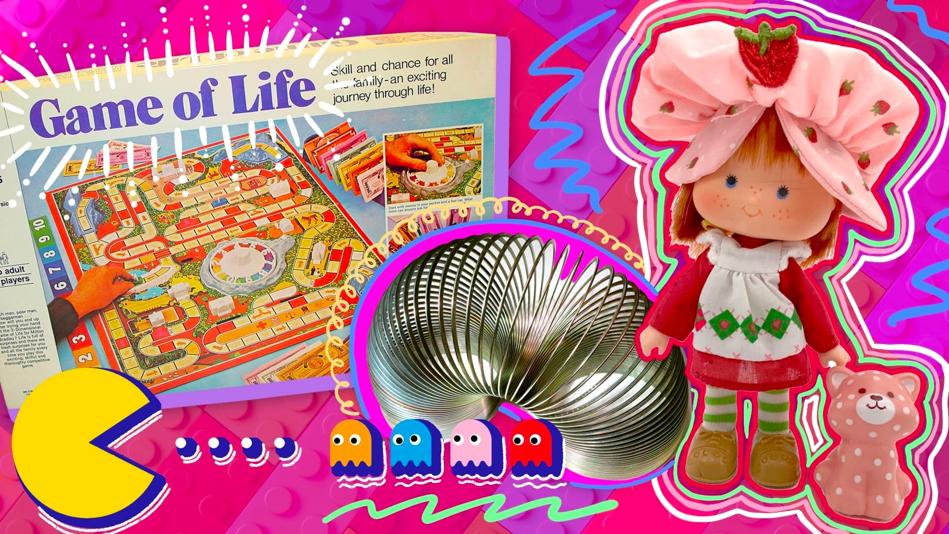 Collage of toys and games: Life board game, slinky, Cabbage Patch doll, Pac-man