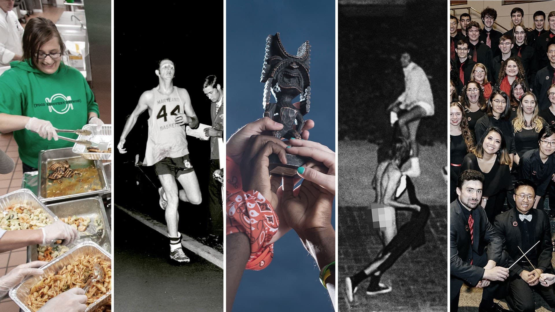 collage of student packaging food, basketball player running on the track, hands holding up immunity idol statue, streakers on campus, and orchestra members