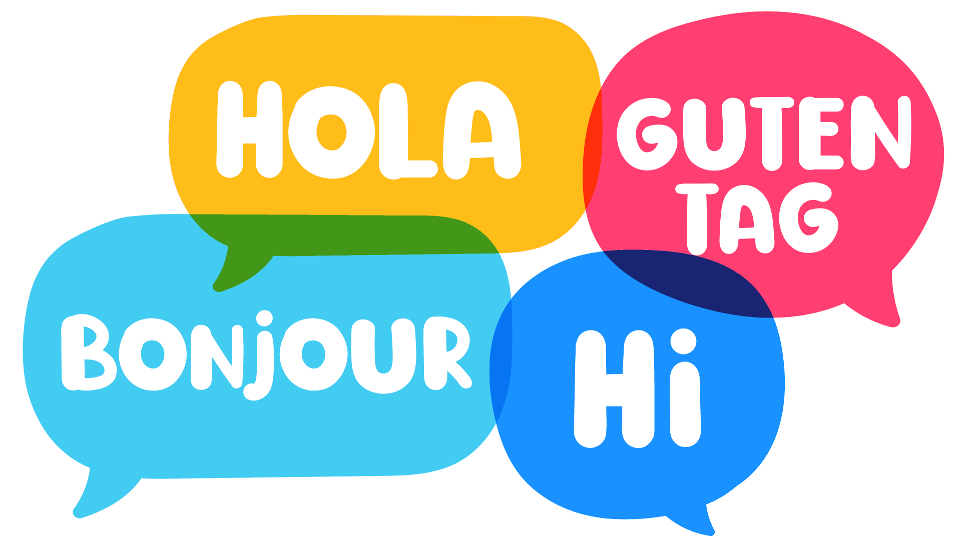 Speech bubbles that say "Hola," "Guten tag," "Bonjour" and "Hi"