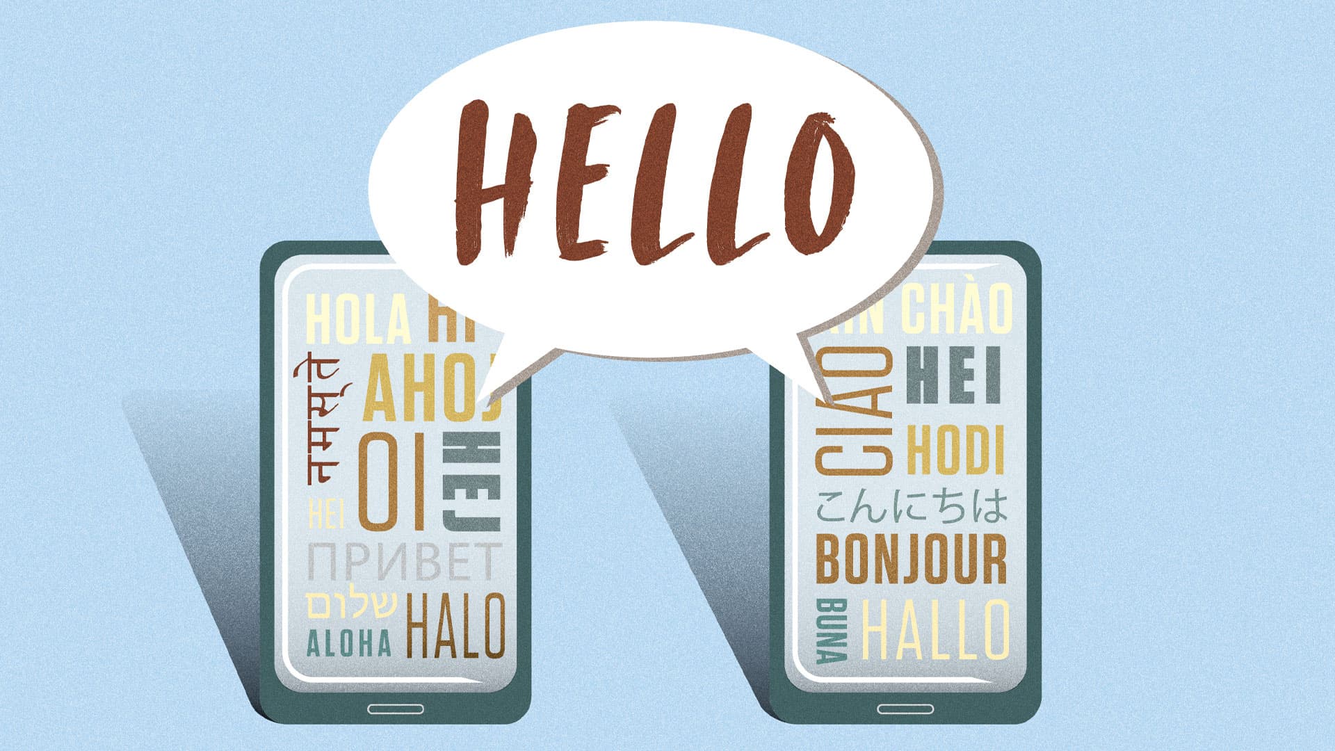 Illustration of two smartphones saying "Hello" in different languages